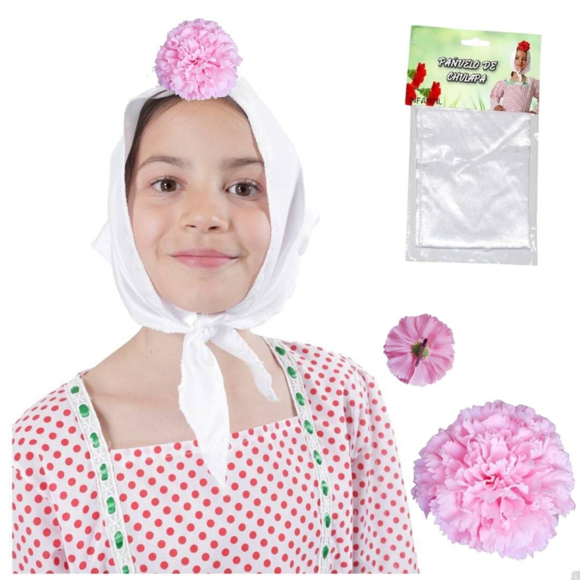Lote 24 Accesorios Disfraz Chulapa: 12 Pañuelos Blancos + 12 Claveles para Niñas - 4