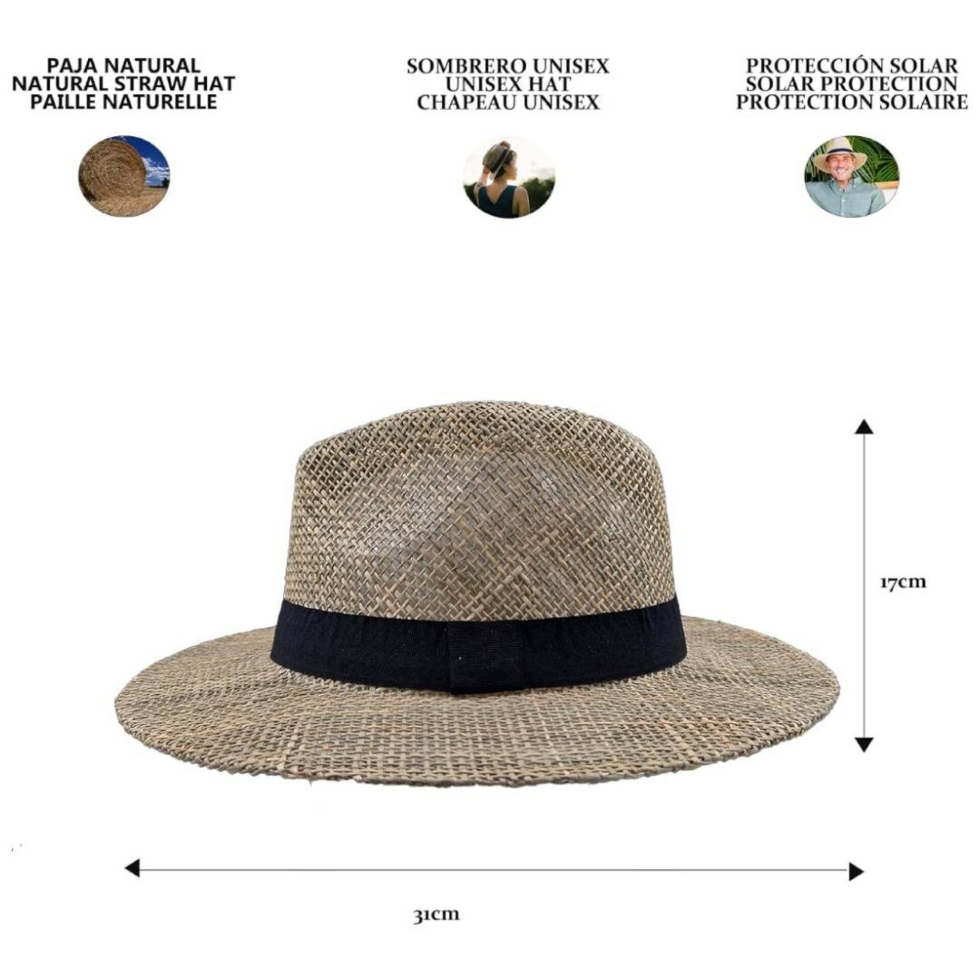 Sombrero Paja Natural Hombre Mujer Estilo Panamá, ala Ancha, Cinta Decorativa - 3
