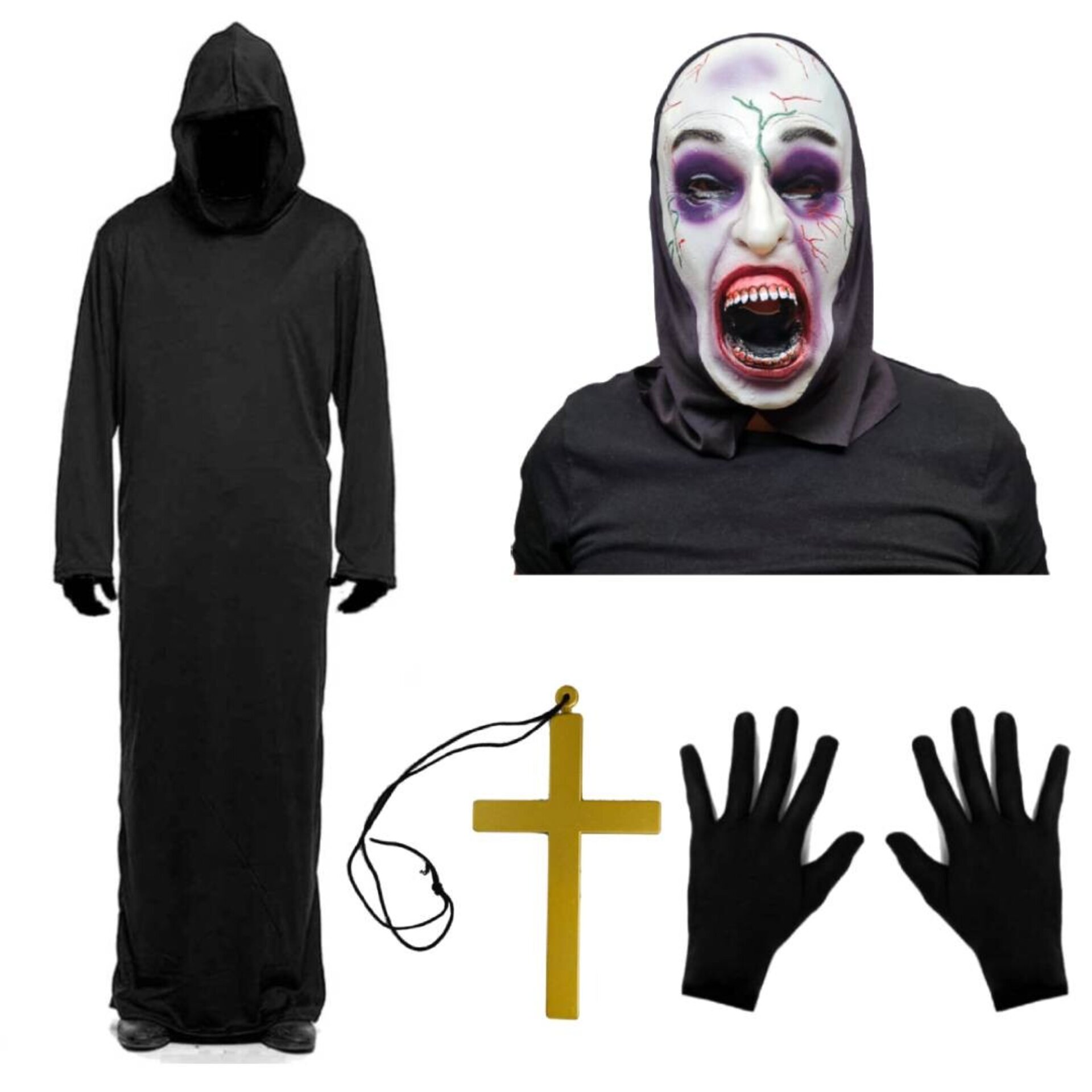 Disfraz Monja Poseída Película Terror Túnica Máscara Látex, Guantes Cruz. Adulto - 1