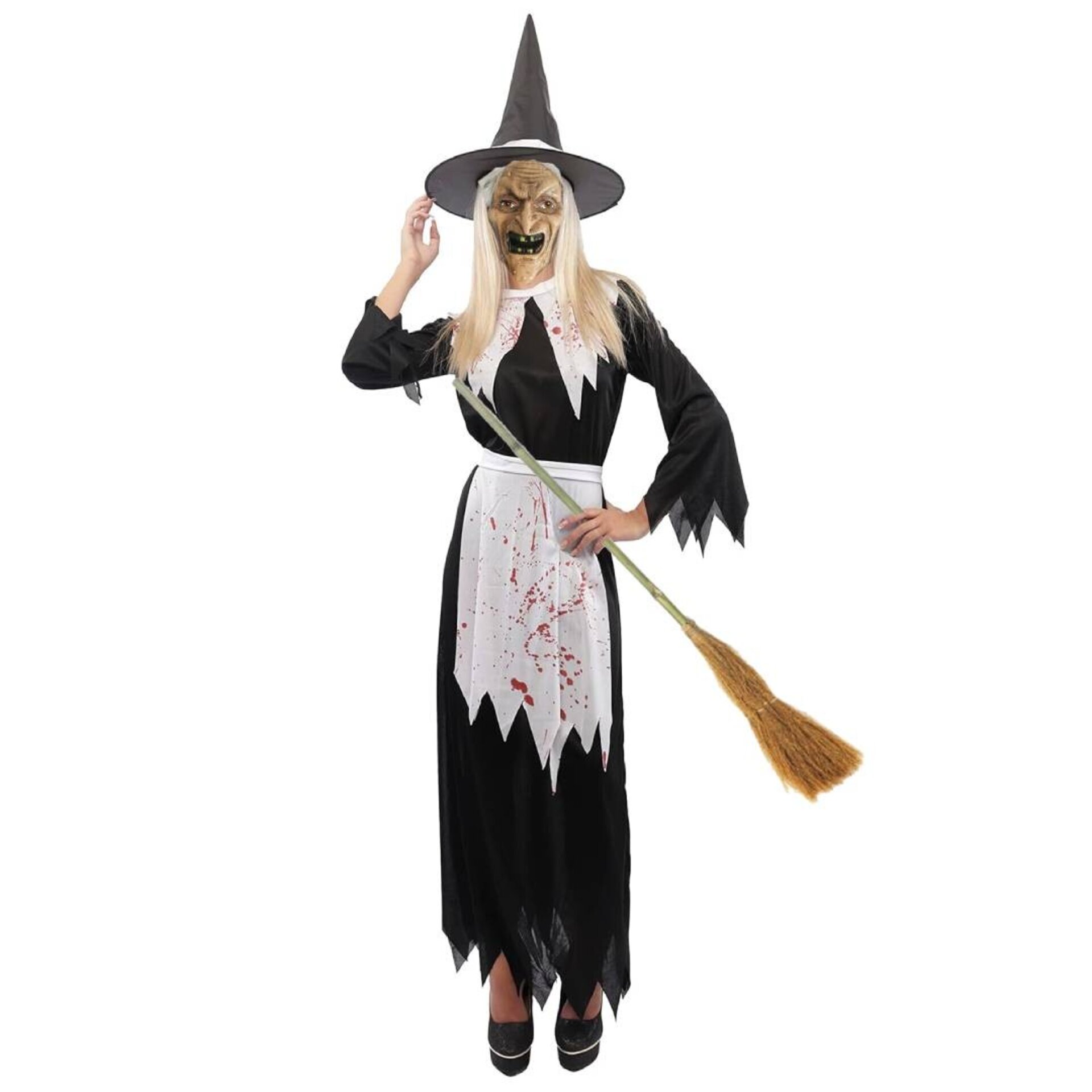 Disfraz Bruja Maligna Adulta | Vestido Negro Máscara Guantes Escoba Sombrero - 1