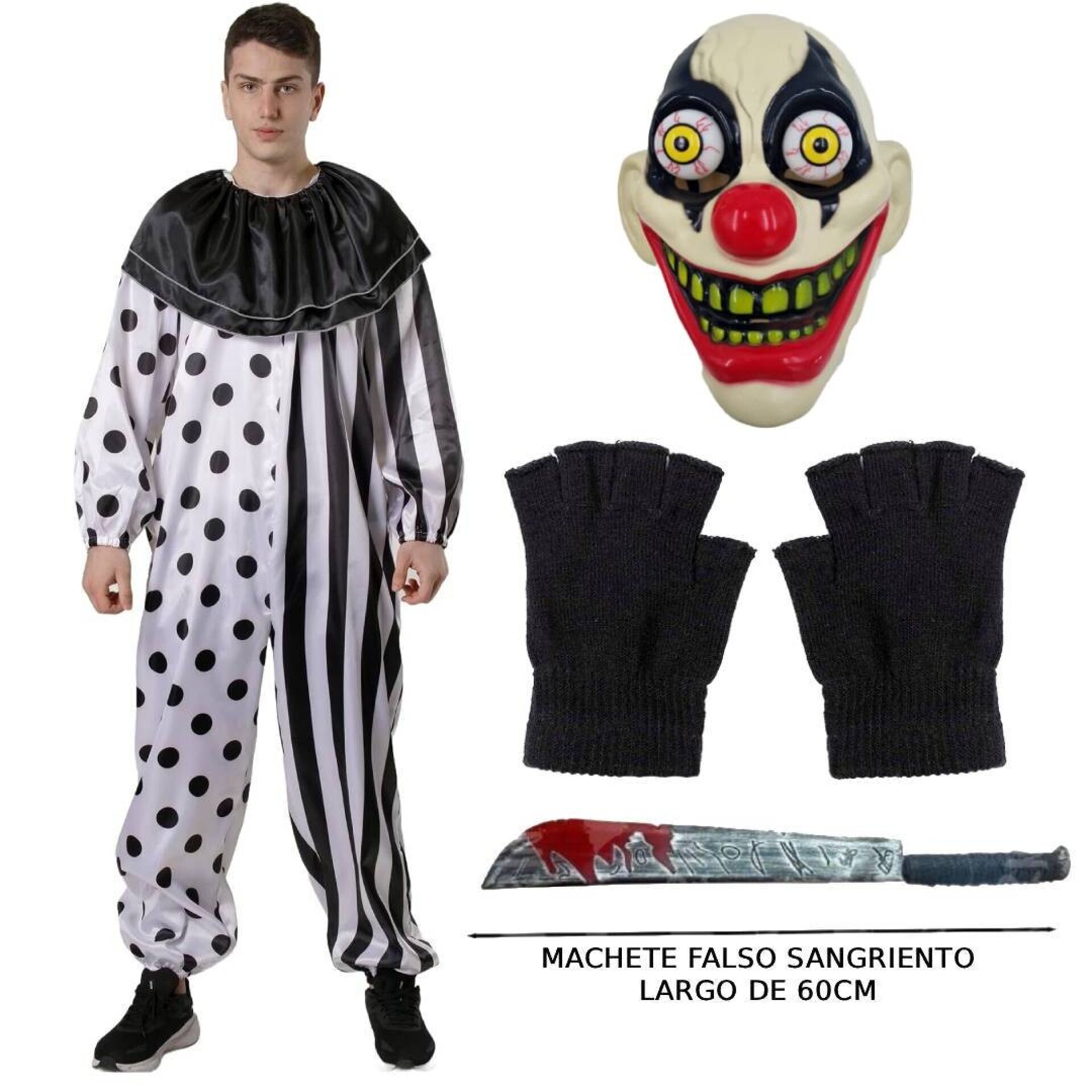 Disfraz Payaso del Terror. Máscara, Guantes, Machete Falso Sangriento y Mono. - 2