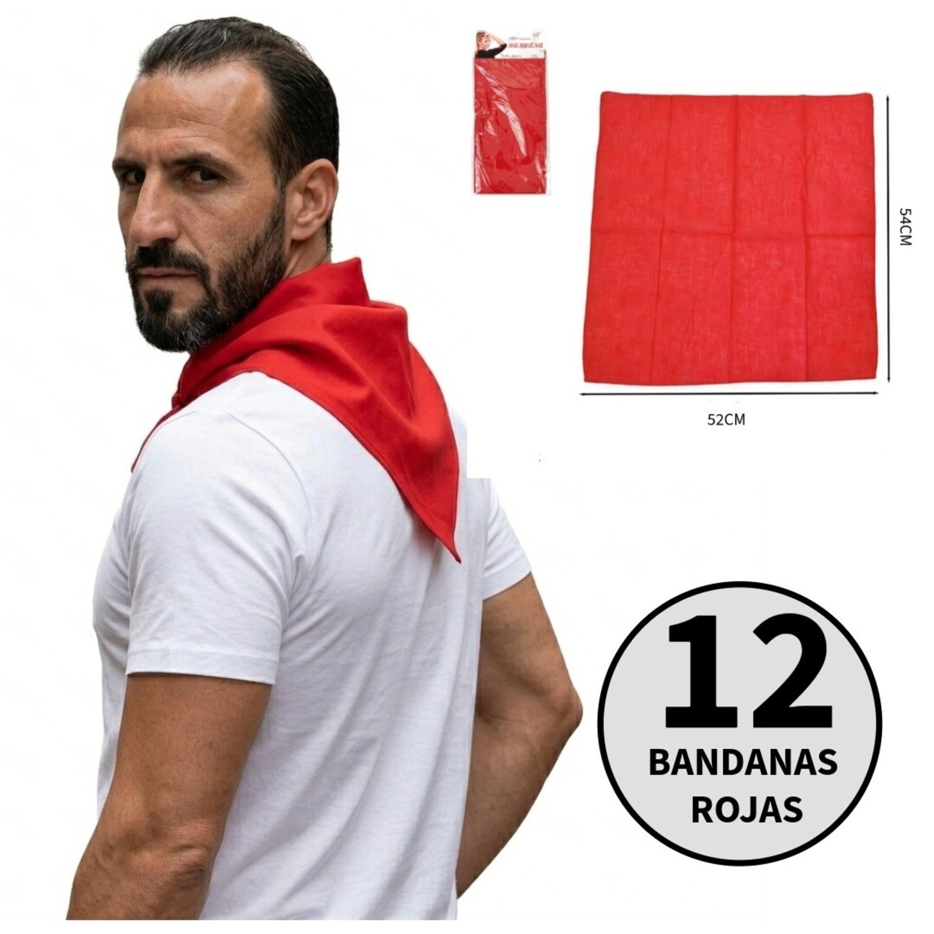 Pack 12 Pañuelos Rojos San Fermín (54x52cm) | Bandana Lisa para Peñas, Corredor - 2