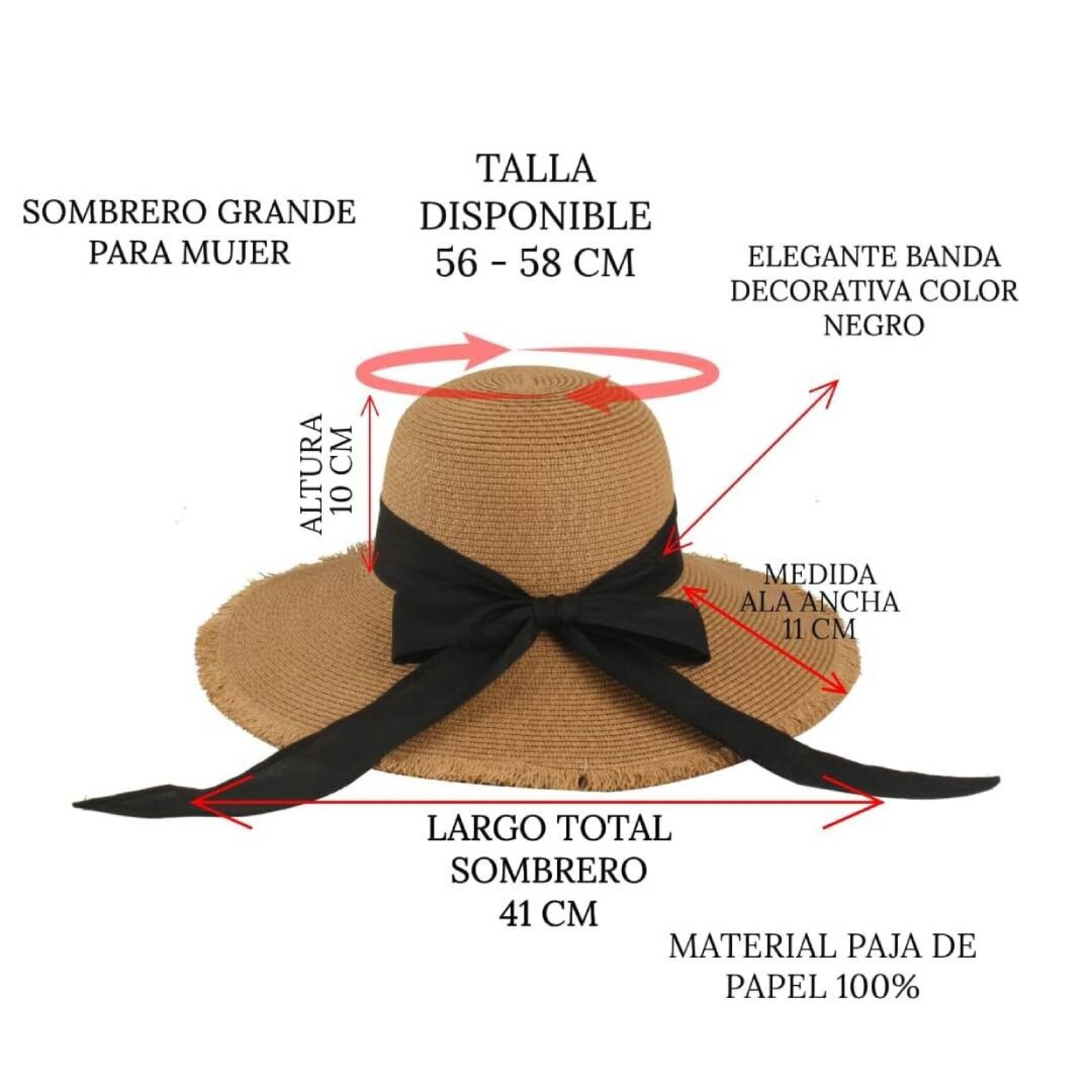 Sombrero de Paja Ajustable para Mujer, ala Ancha, Pamela Grande, Sombrero Mujer - 6