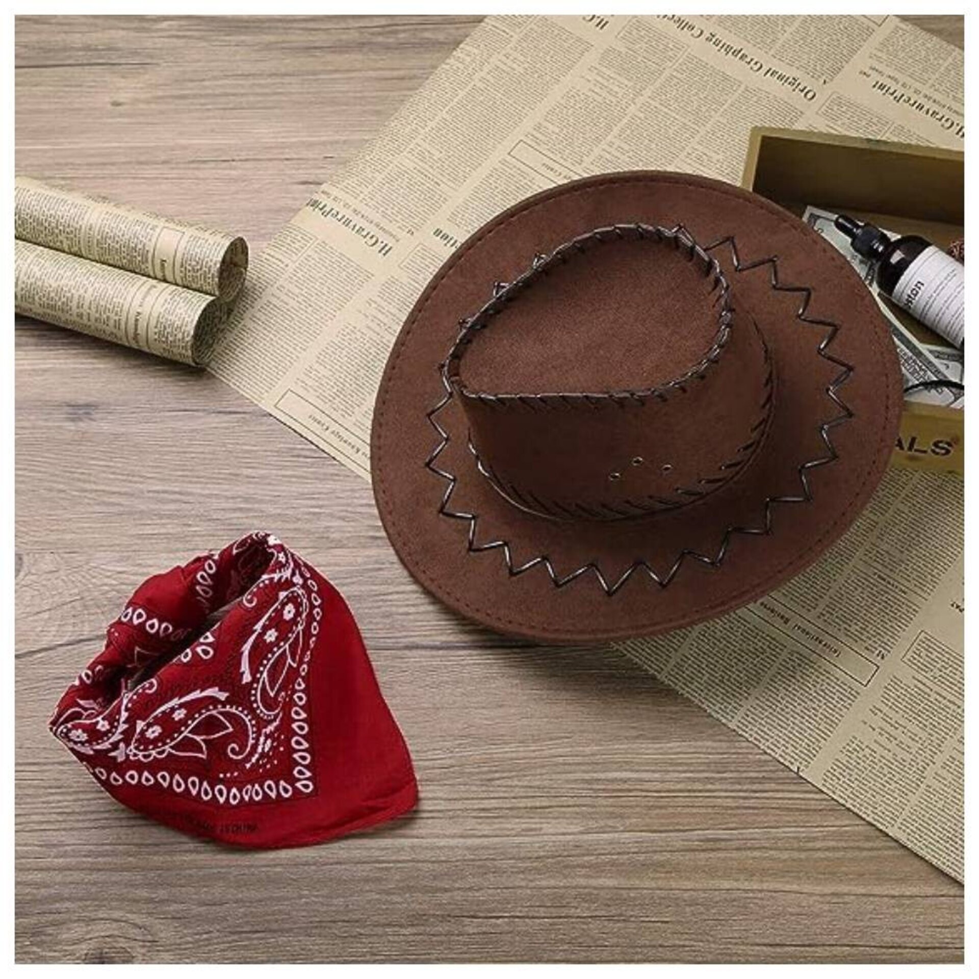 Sombrero Vaquero Marrón con Bandana pañuelo estampado para Adulto - 2