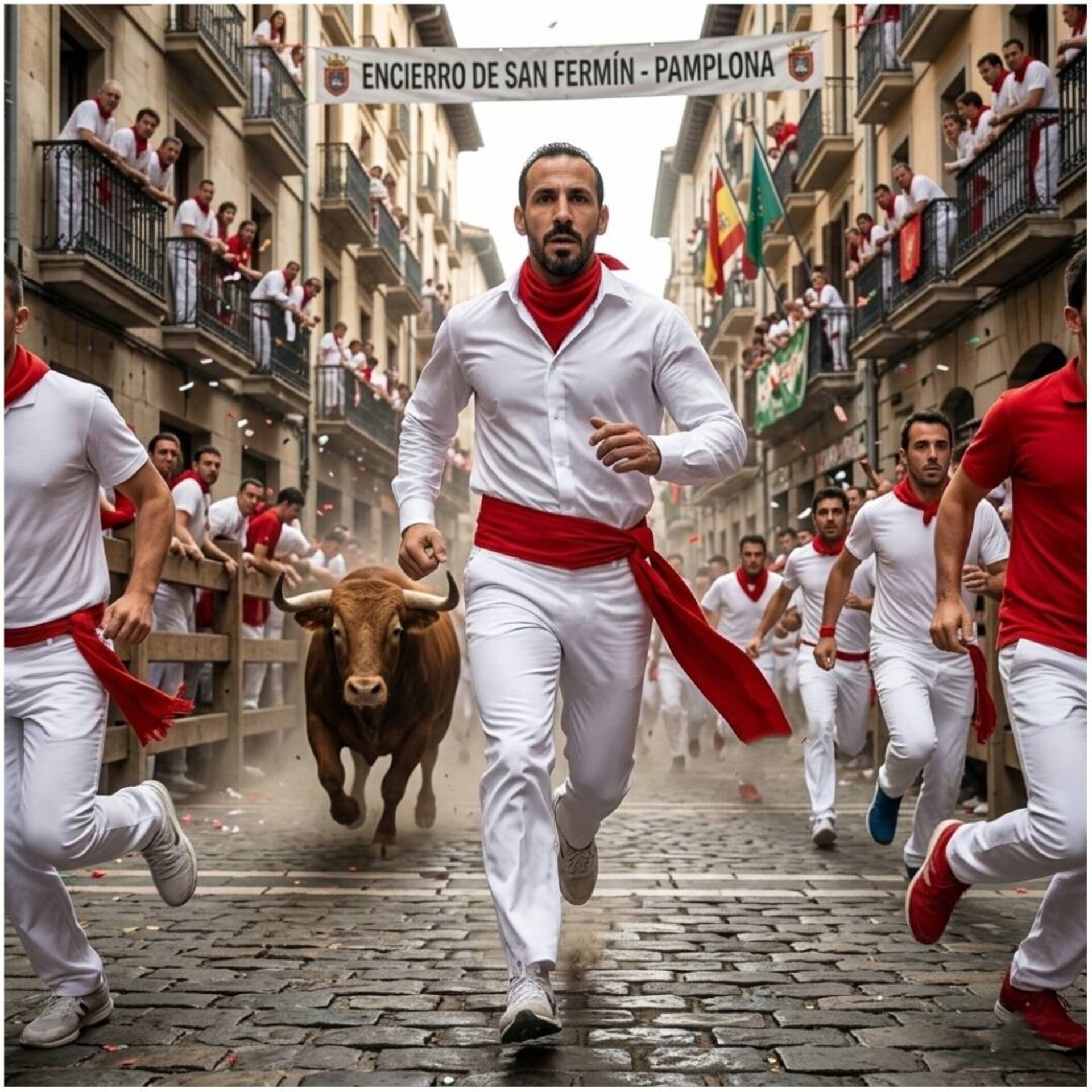 Traje San Fermín Adulto: Pantalón Blanco Ajustable + Faja Roja (200cm) + Pañuelo - 2