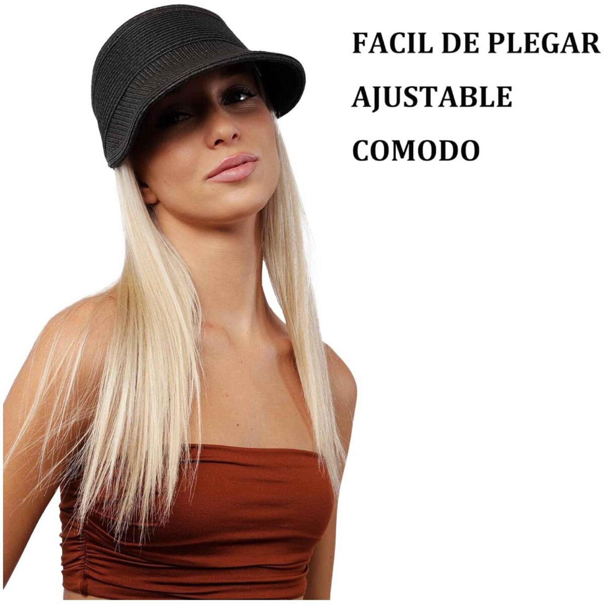 Sombrero para Mujer Pamela de Verano Visera con ala ancha Gorra de paja Negro - 4