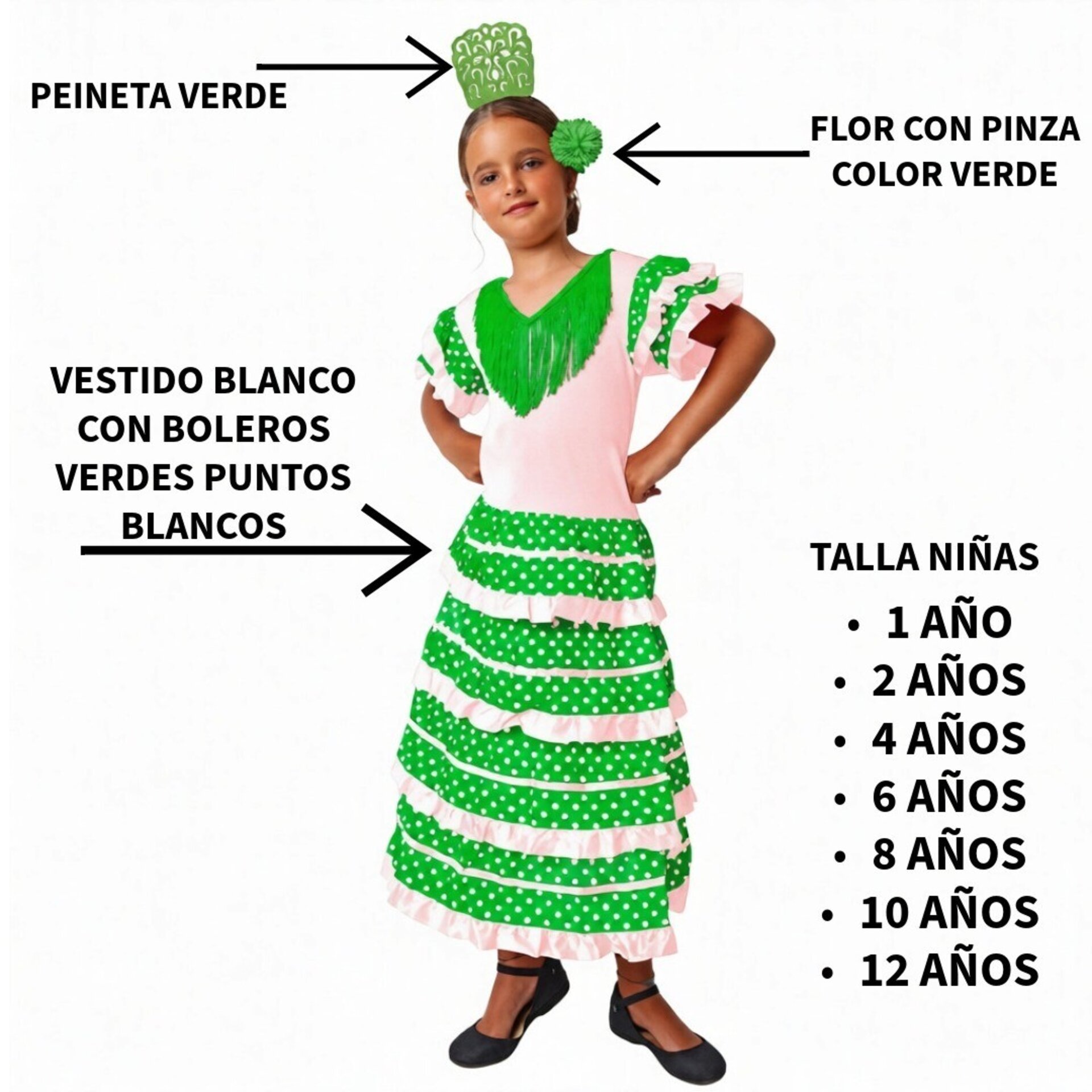 Disfraz de Flamenca Niña Vestido Sevillana con Lunares y Accesorios 1-12 Años - 9