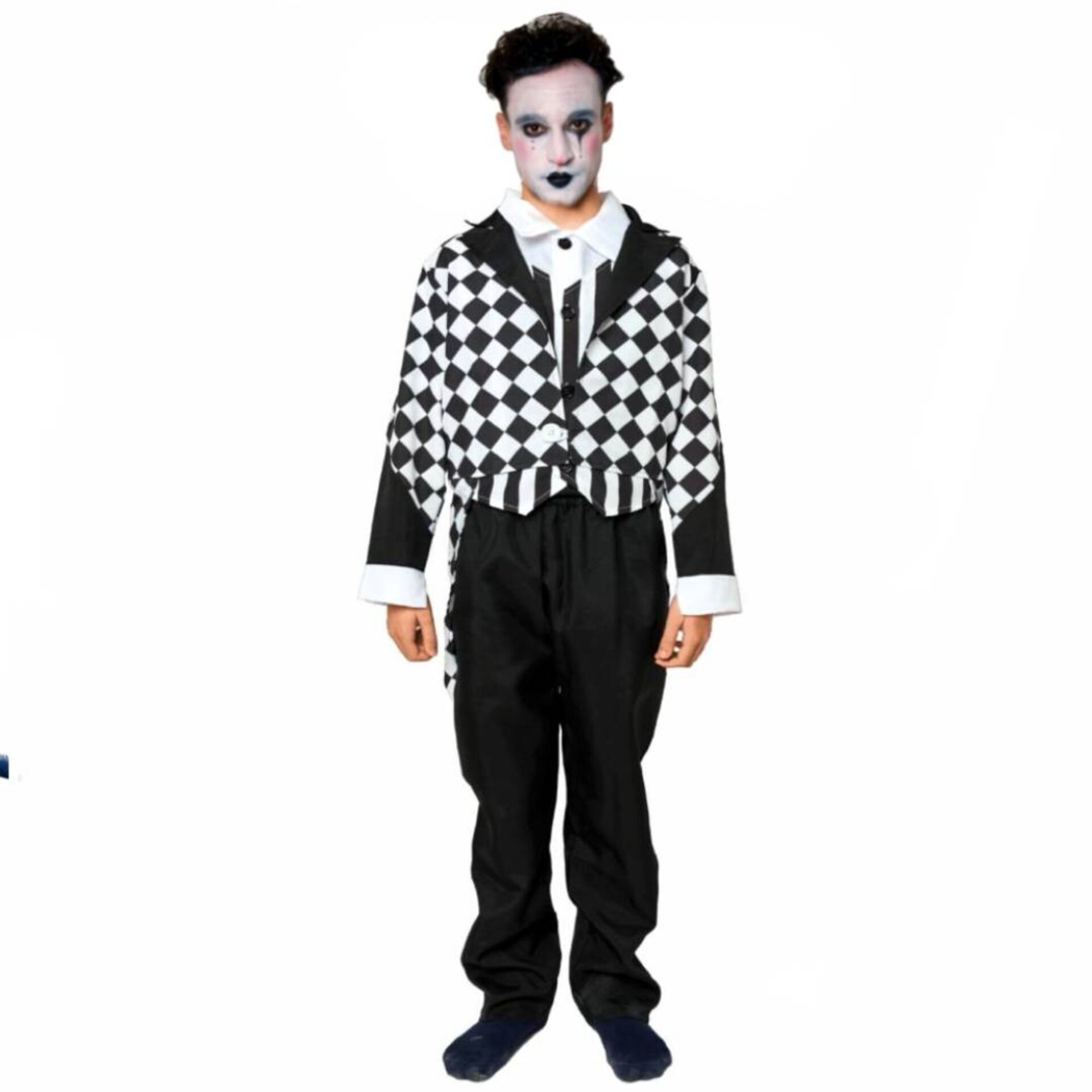 Disfraz Arlequín Hombre Adulto Talla S/M – Traje Payaso Blanco y Negro Rombos - 4