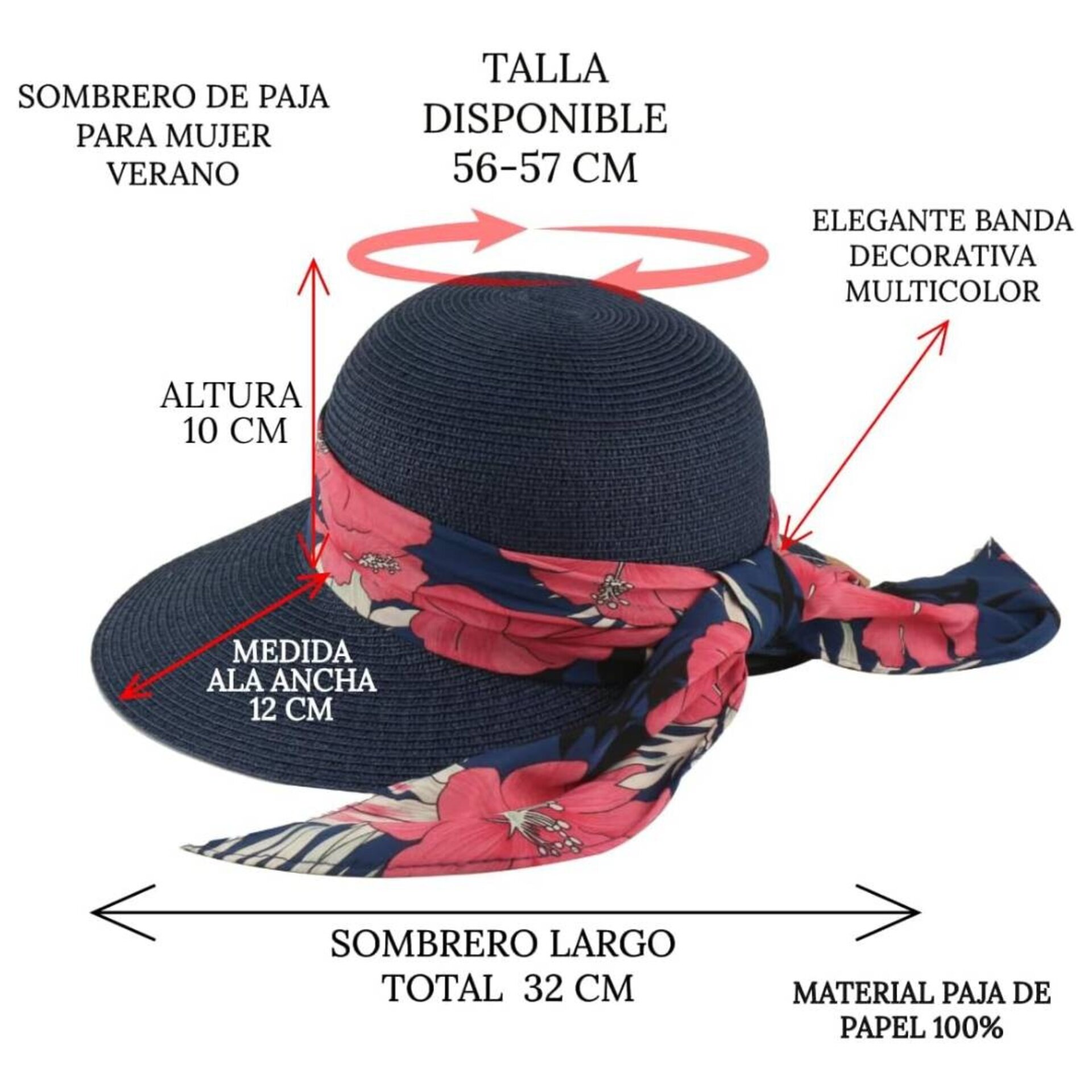 Sombrero Paja Mujer con Banda Floral Pamela ala Ancha Gorro para el Sol, Playa - 6