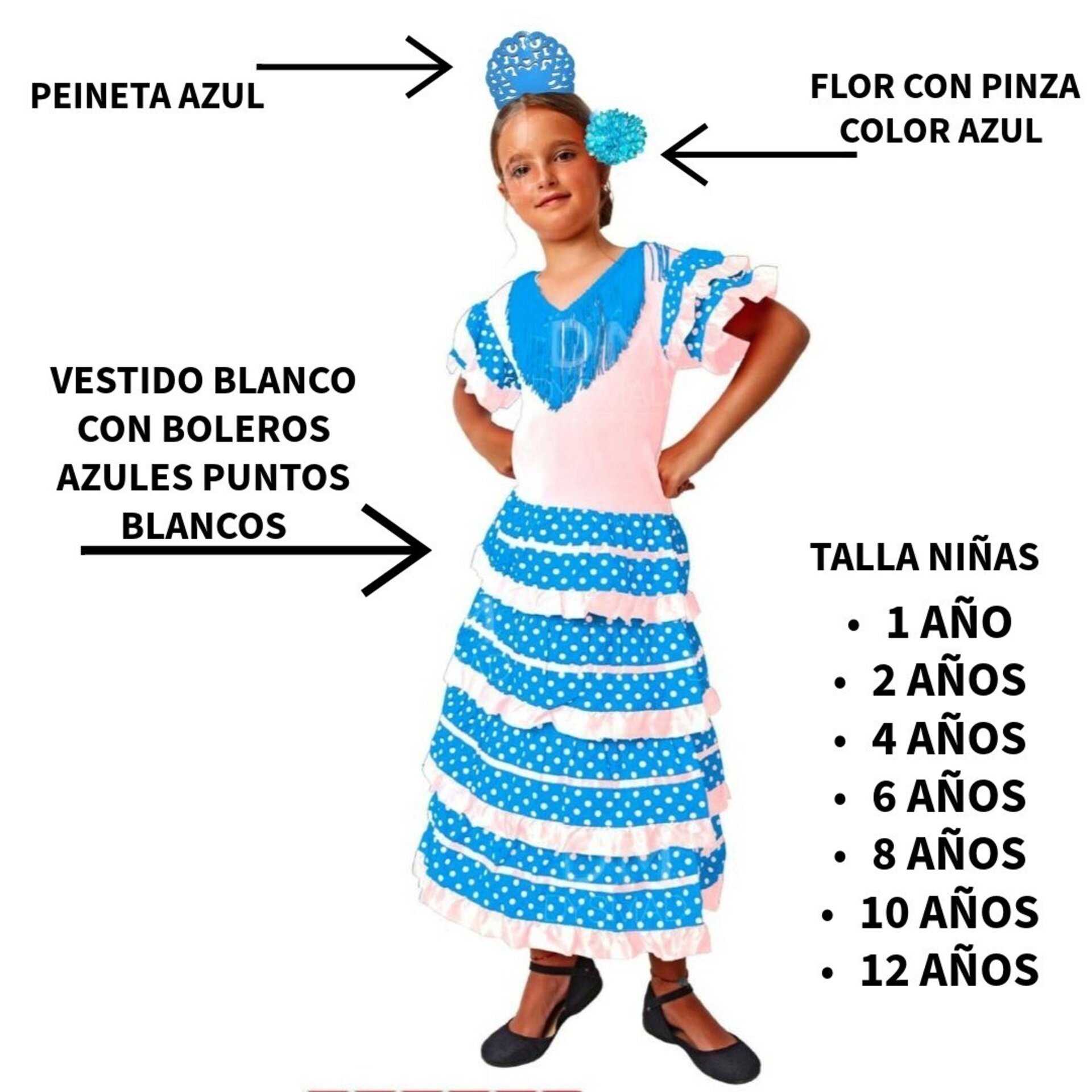 Traje de Flamenca Niña Azul y Blanco con Lunares | Vestido de Sevillana Infantil - 6