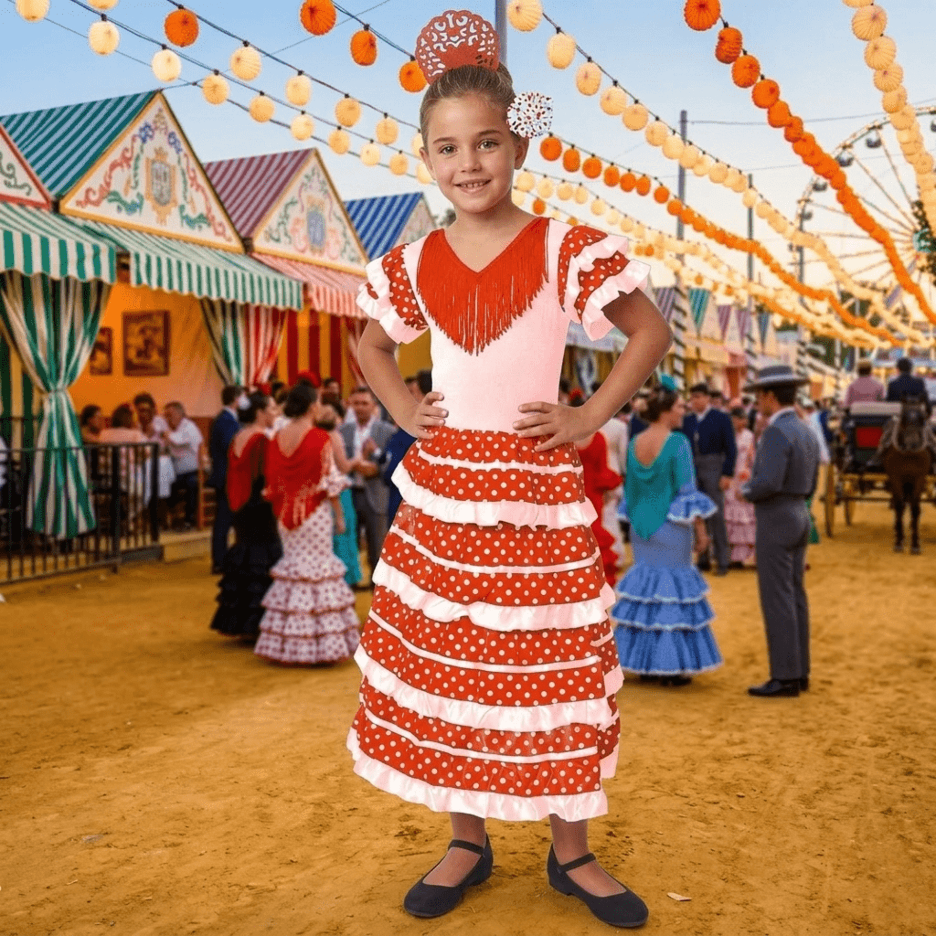 Vestido Flamenca Niña Traje Sevillana con Peineta y Flor | Disfraz Andaluza - 5