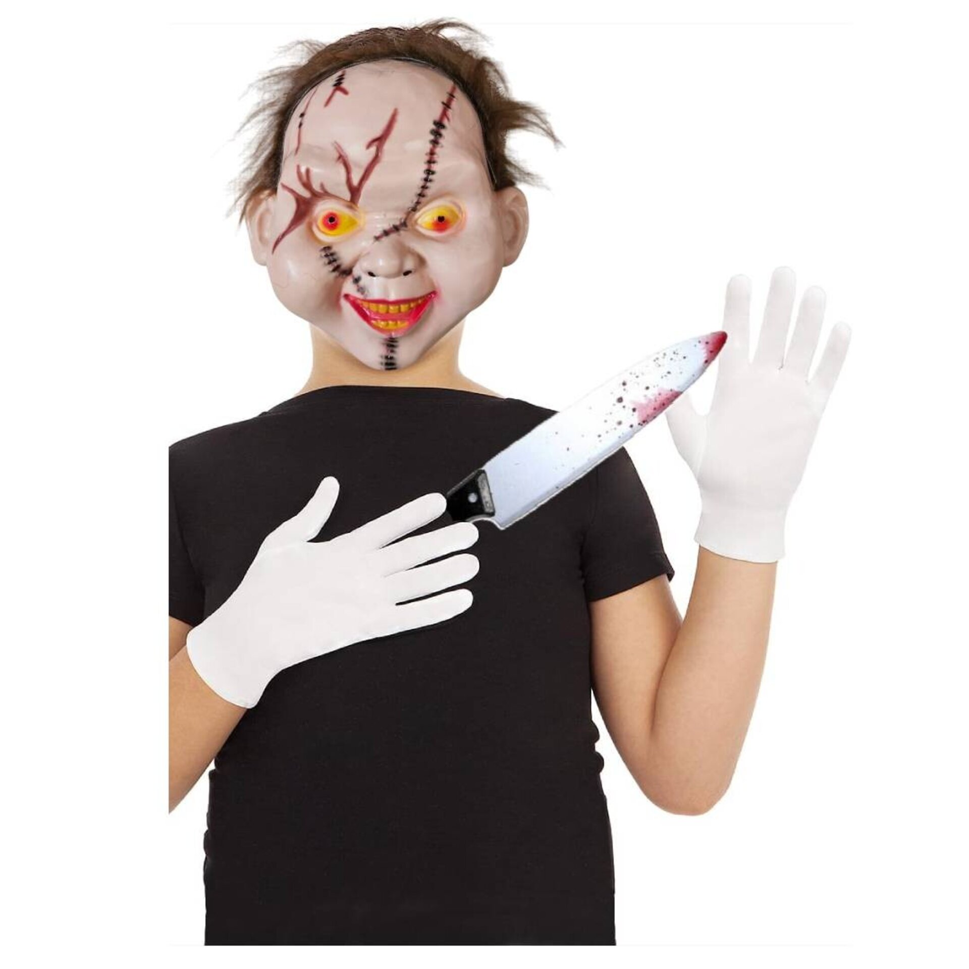 Máscara de Chucky con Cuchillo Sangriento Falso y Guantes | Disfraz de Película - 1