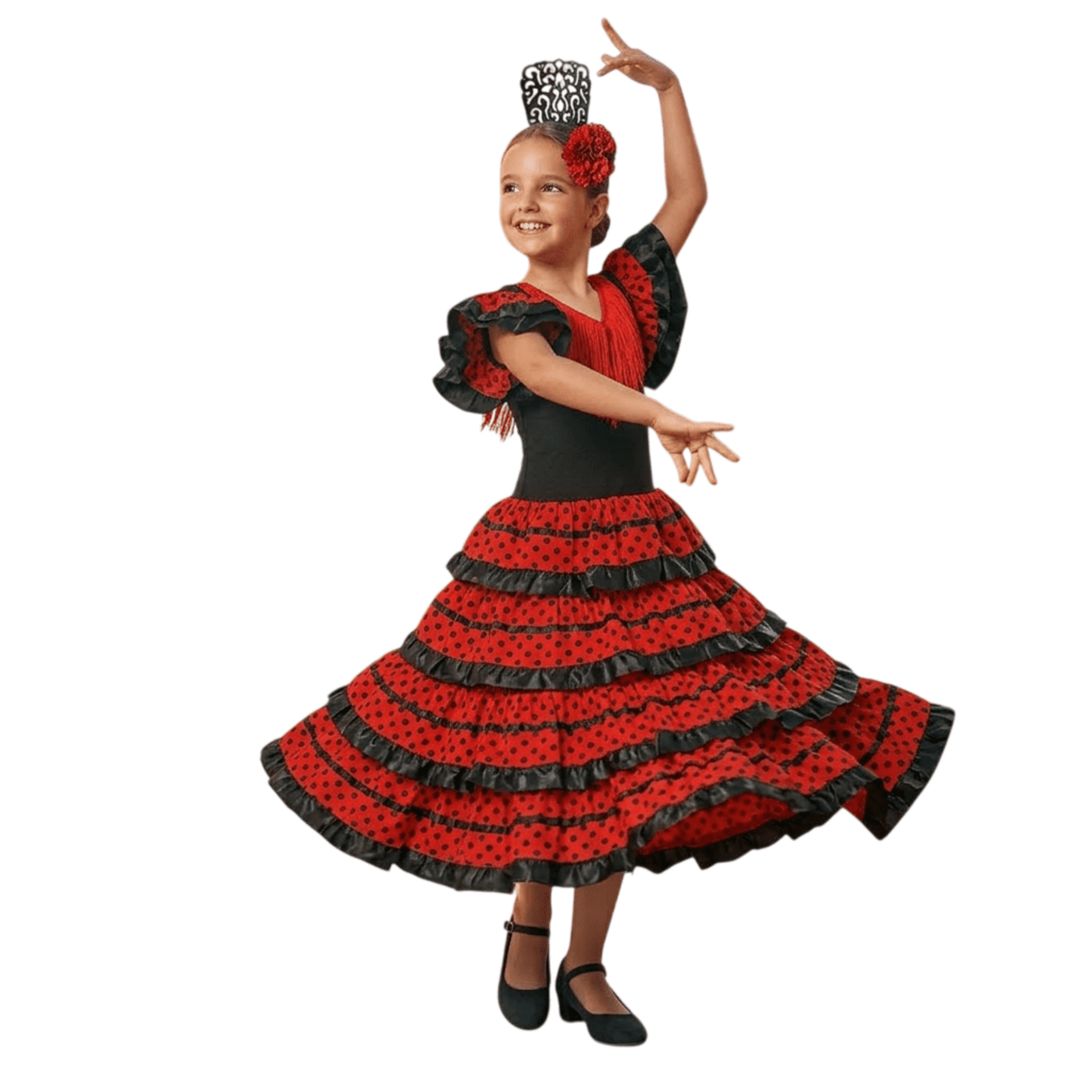 Disfraz Flamenca Niña Vestido Sevillana con Volantes y Lunares con Peine y Flor - 1