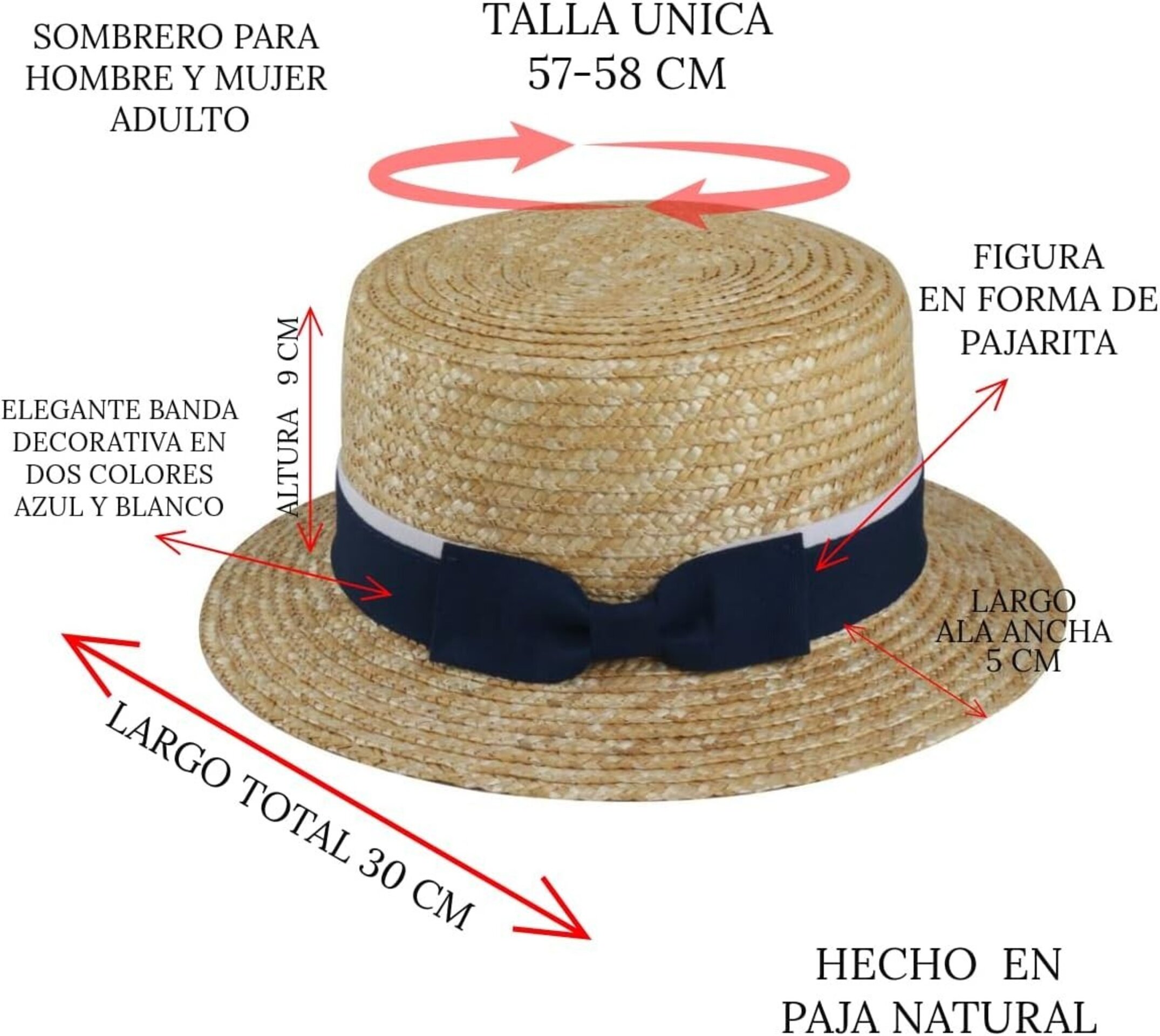 Sombrero de paja Natural Estilo Canotier con Elegante Cinta Decorativa unisex - 3