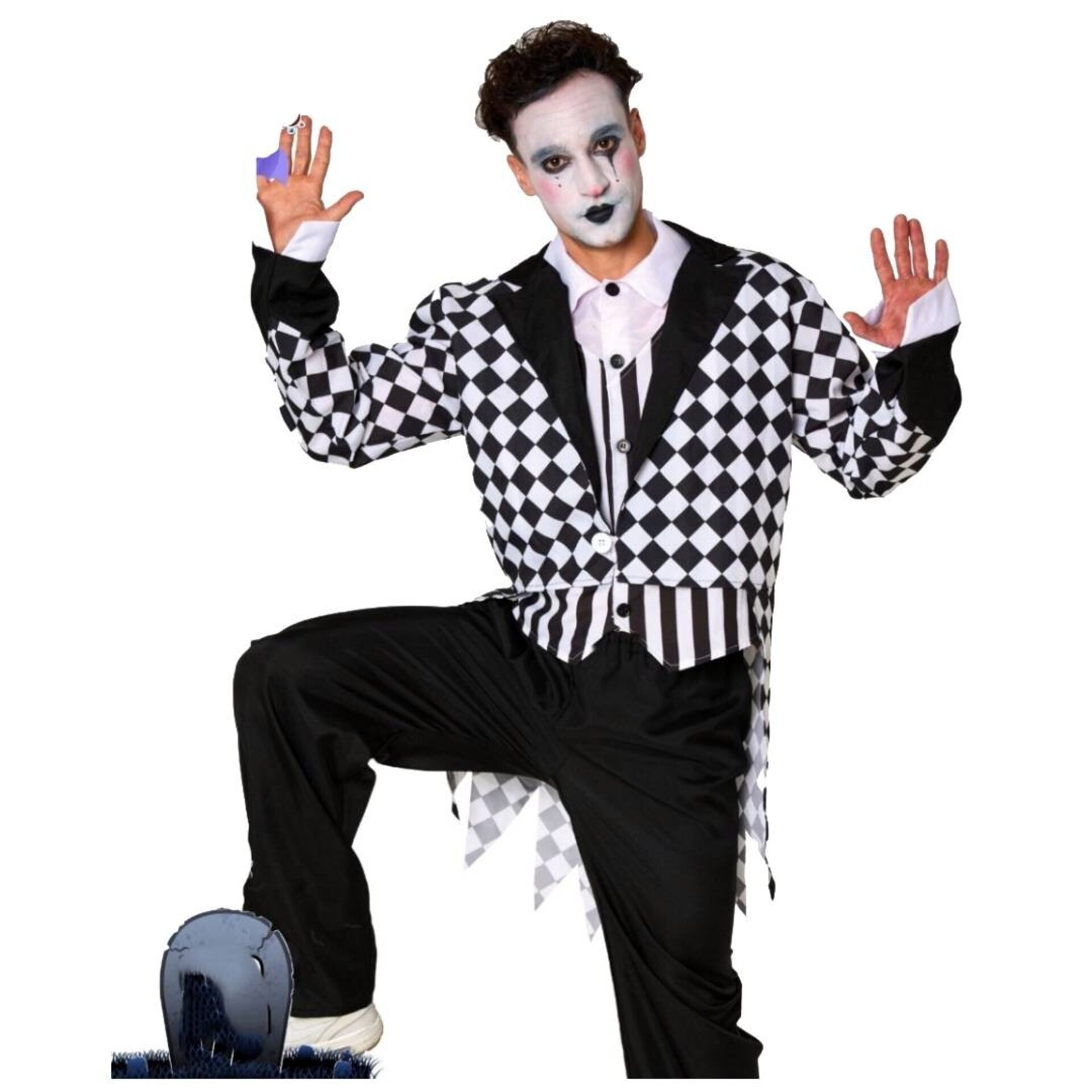 Disfraz Arlequín Hombre Adulto Talla S/M – Traje Payaso Blanco y Negro Rombos - 6