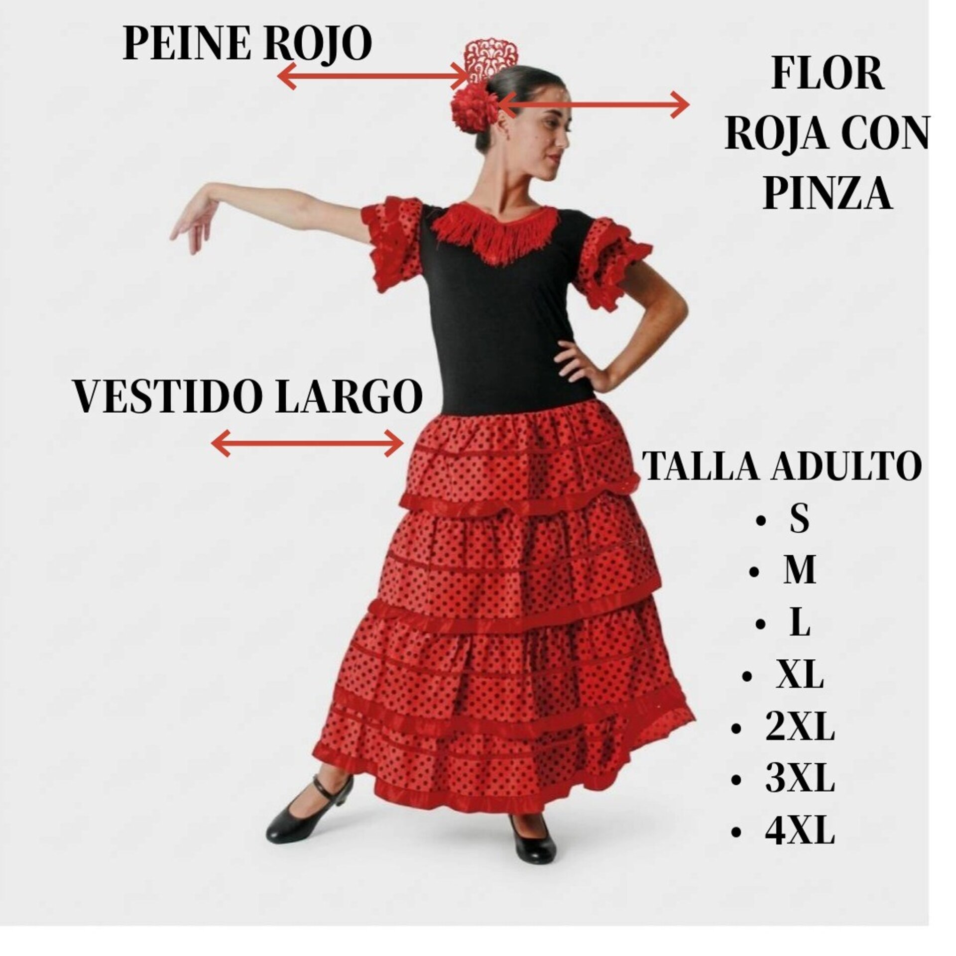 Vestido de Flamenca para Mujer Adulta con Peineta y Flor Roja - Traje de Sevilla - 9
