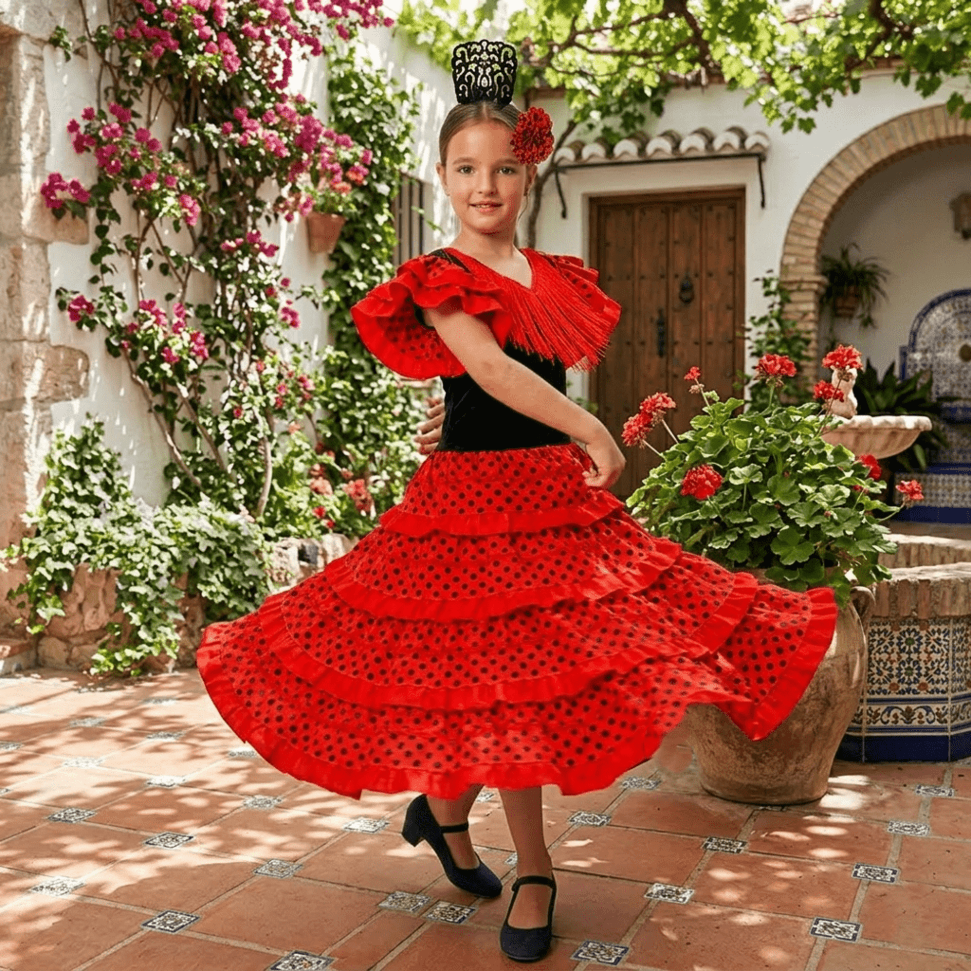 Disfraz de Flamenca para Niña - Vestido Sevillana con Volantes Rojos y Lunares - 8