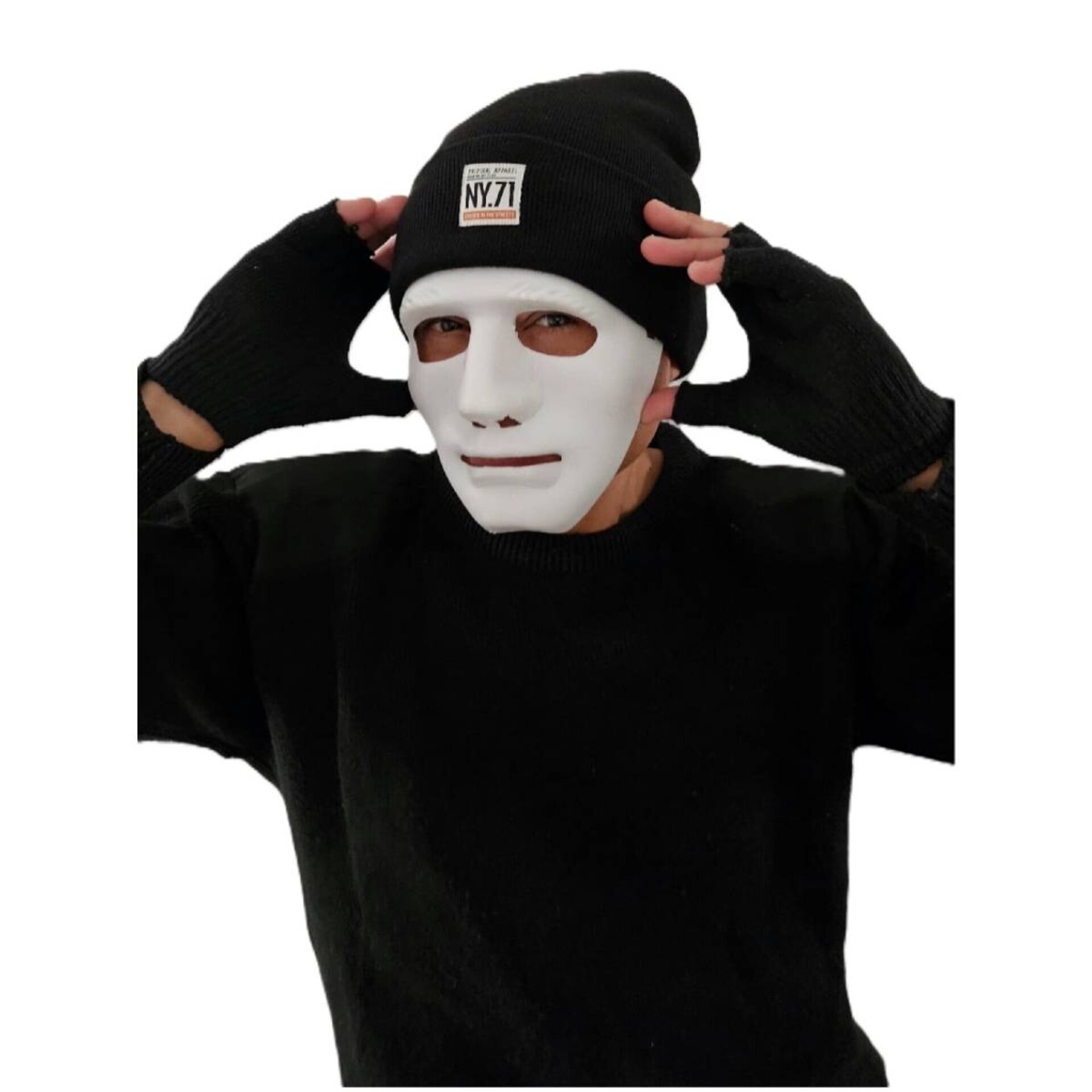 Set Disfraz Ladrón Hacker Hip Hop | Máscara Blanca, Gorro Negro, Guantes | - 2