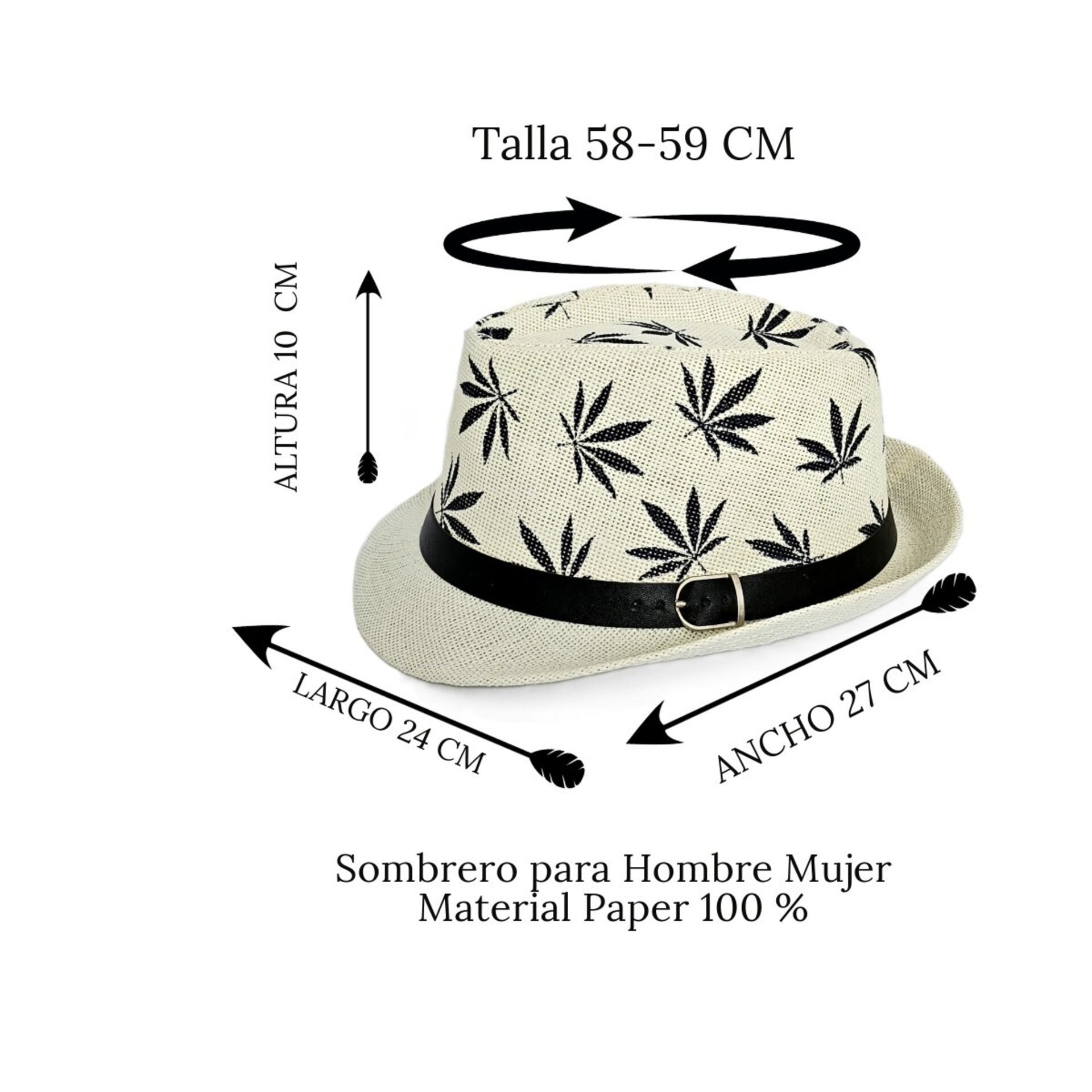Sombrero Trilby Fedora Clásico Gorro Blanco Estampado Paja de Papel Adulto M/L - 6