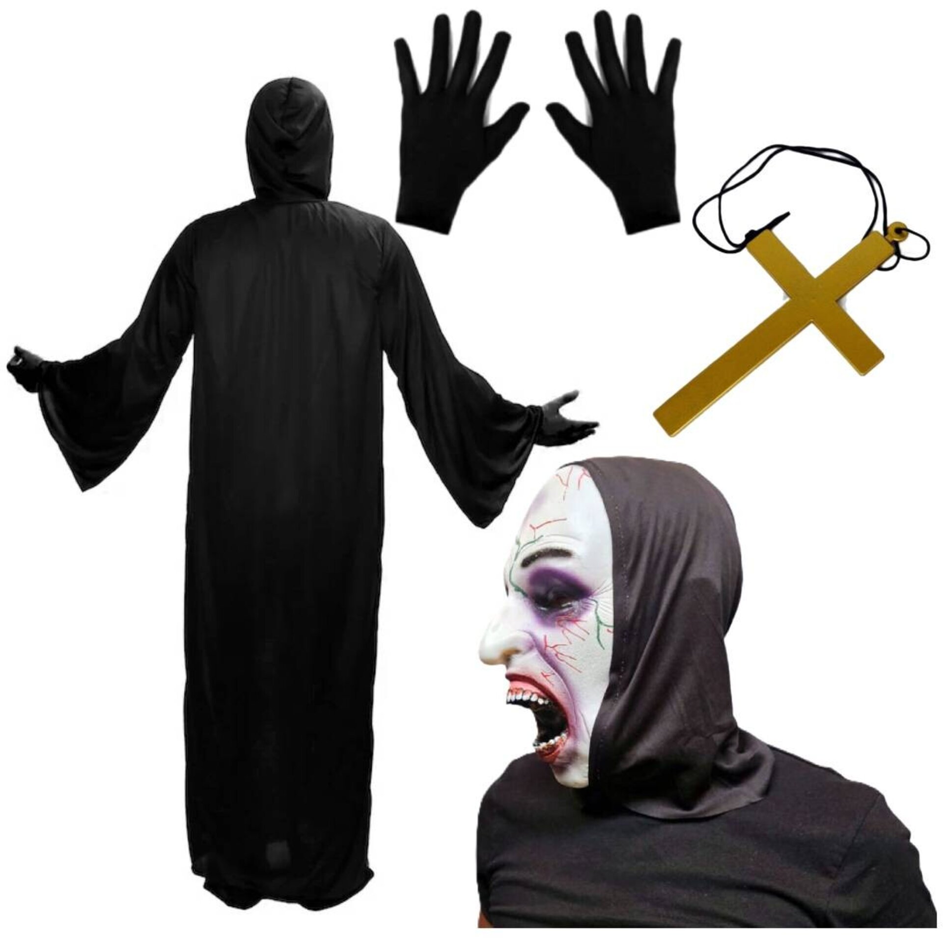 Disfraz Monja Poseída Película Terror Túnica Máscara Látex, Guantes Cruz. Adulto - 3