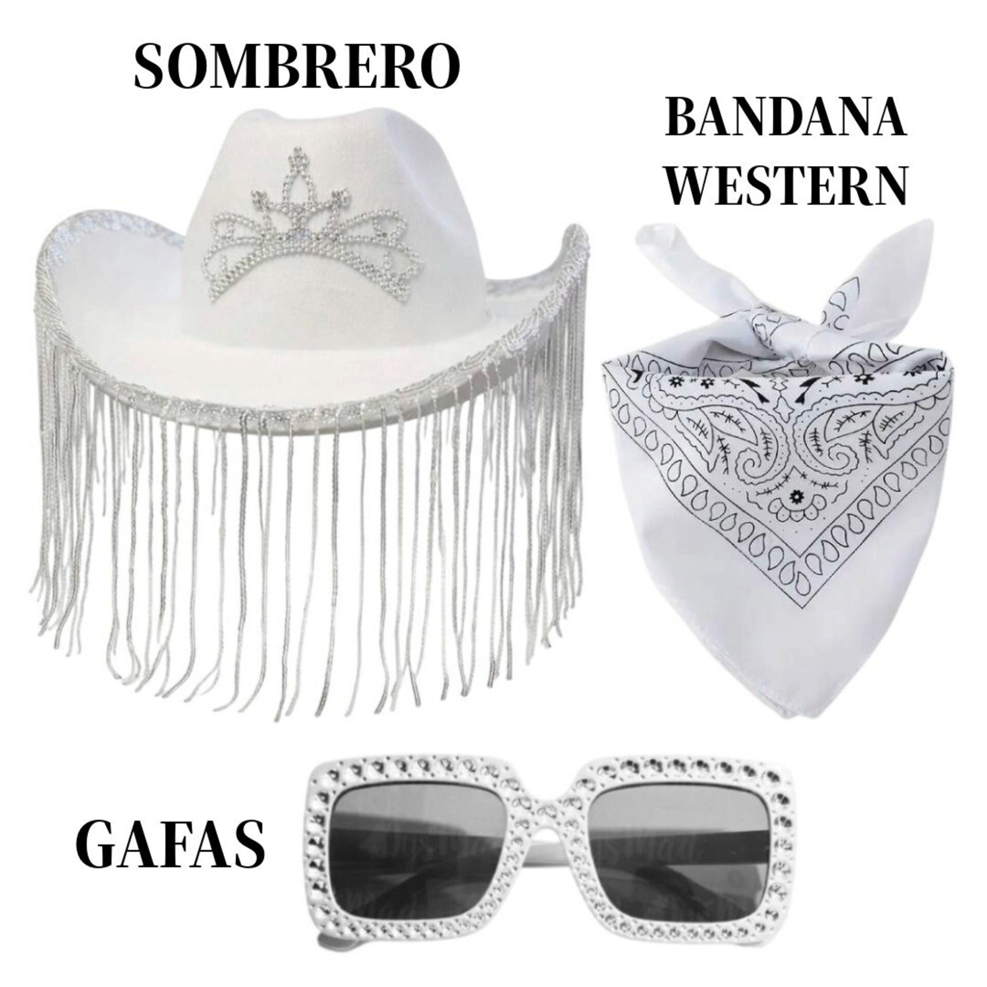 Pack Disfraz Vaquera Blanca, Sombrero Cowgirl con Flecos, Gafas y Bandana - 4