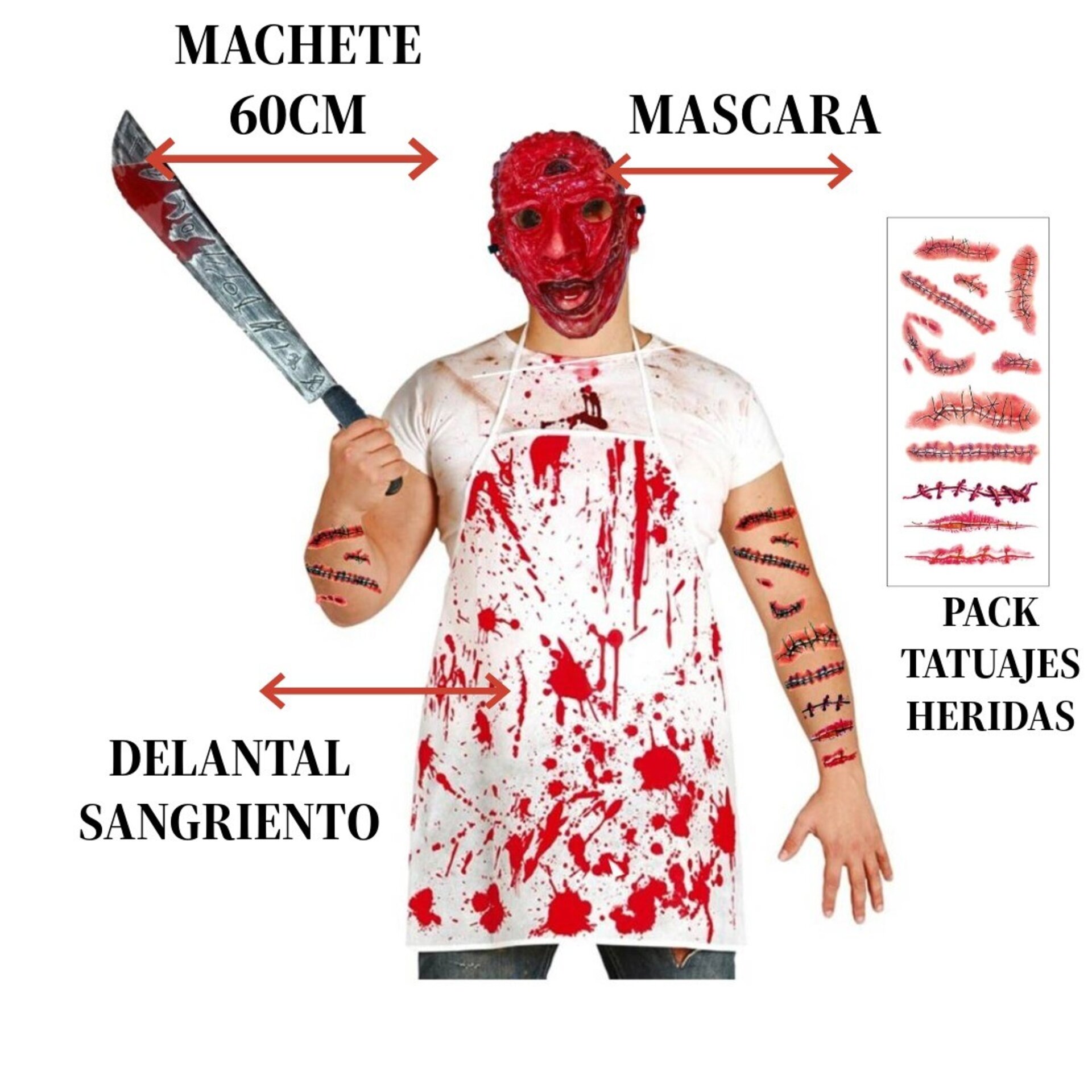 Disfraz Carnicero Sangriento Adulto. Máscara, Delantal, Machete y Heridas - 6
