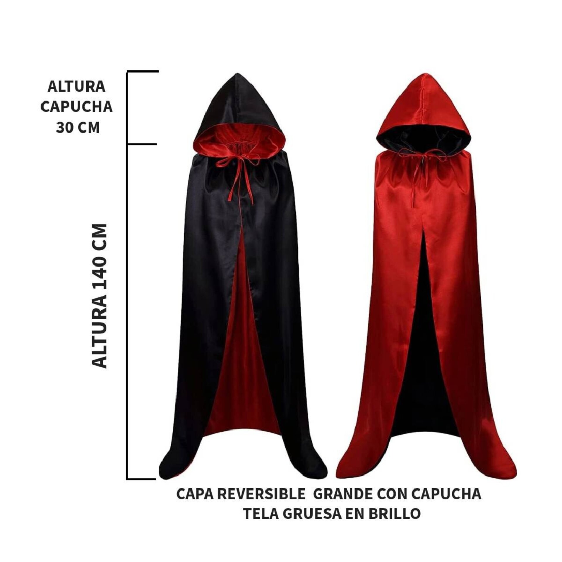 Capa Medieval con capucha Reversible doble cara en Negro y Rojo para disfraz - 8