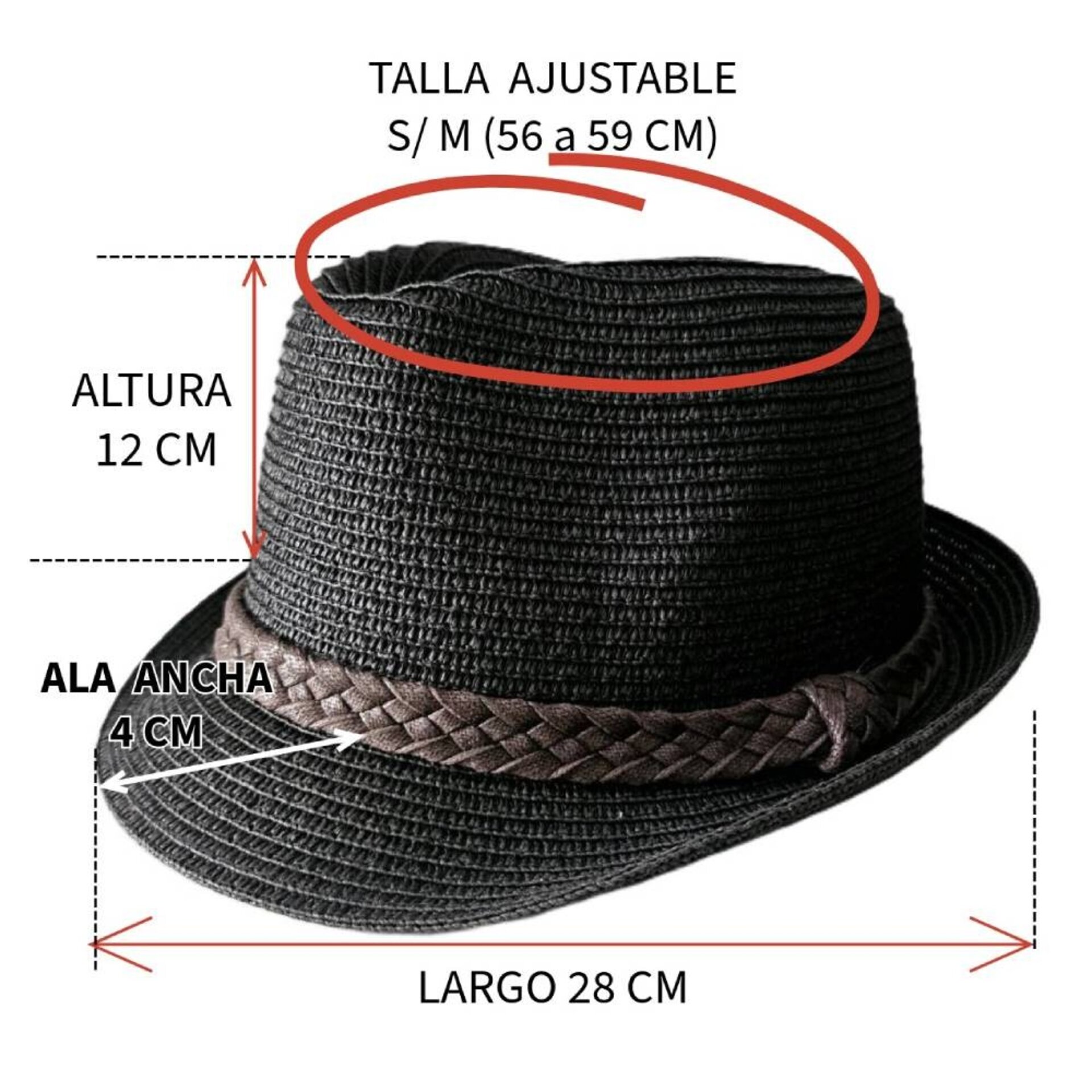 Sombrero Paja Trilby Negro Ajustable | Unisex Verano Urbano | Banda Trenzada - 6