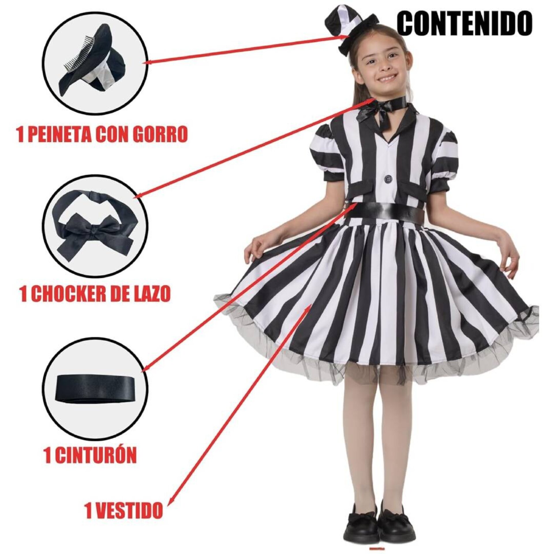 Disfraz Bitelchus Niña Vestido a Rayas. Conjunto Tim Burton Gótico Beetlejuice - 6
