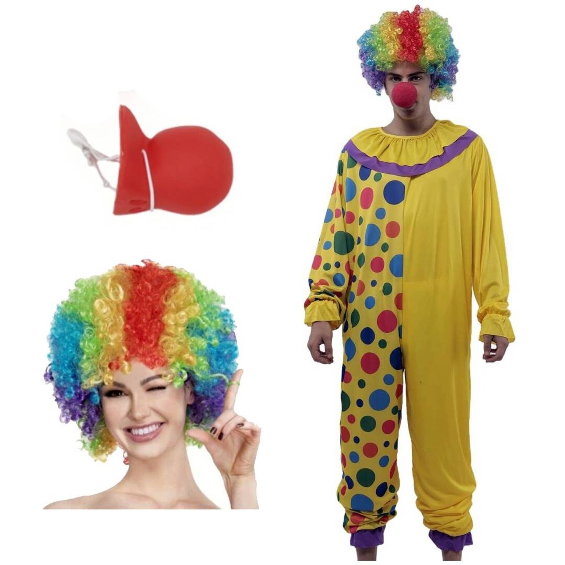 Disfraz Payaso de Circo Hombre Adulto Mono Enterizo con Lunares Peluca Nariz - 2