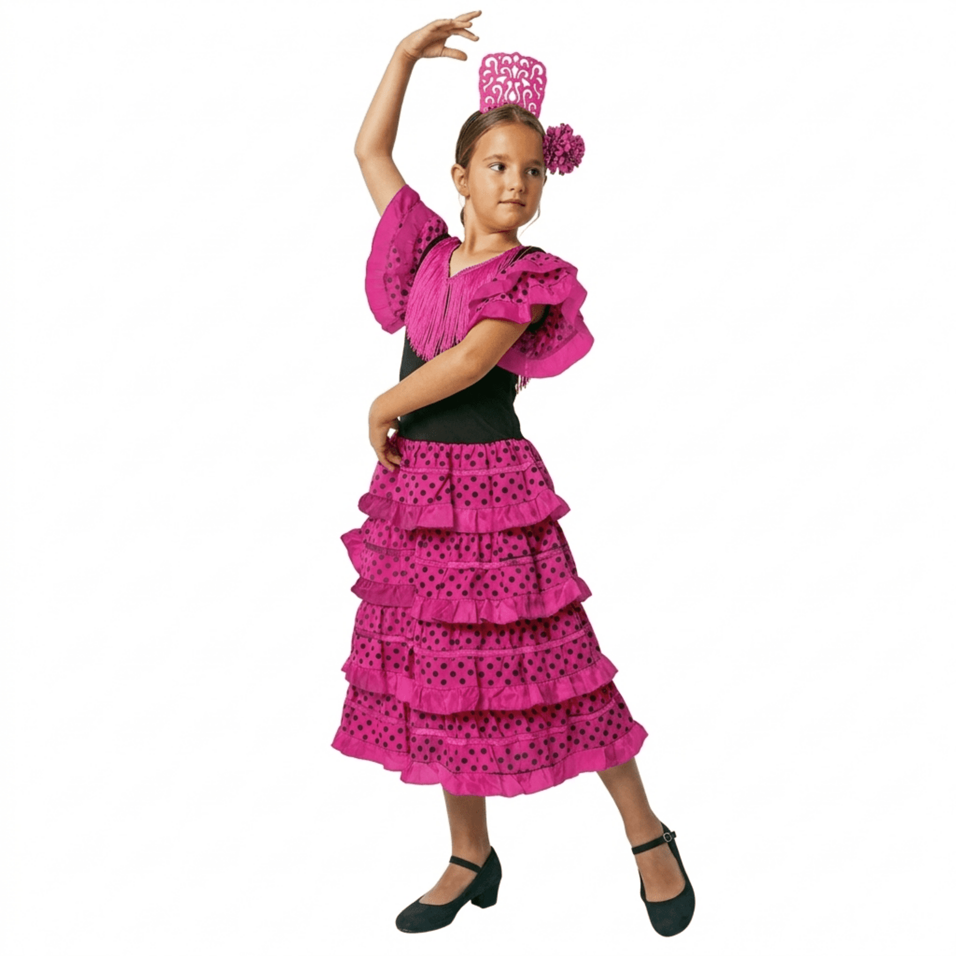 Vestido Flamenca Niña Fucsia y Negro - Traje de Sevillana con Flor y Peineta - 1