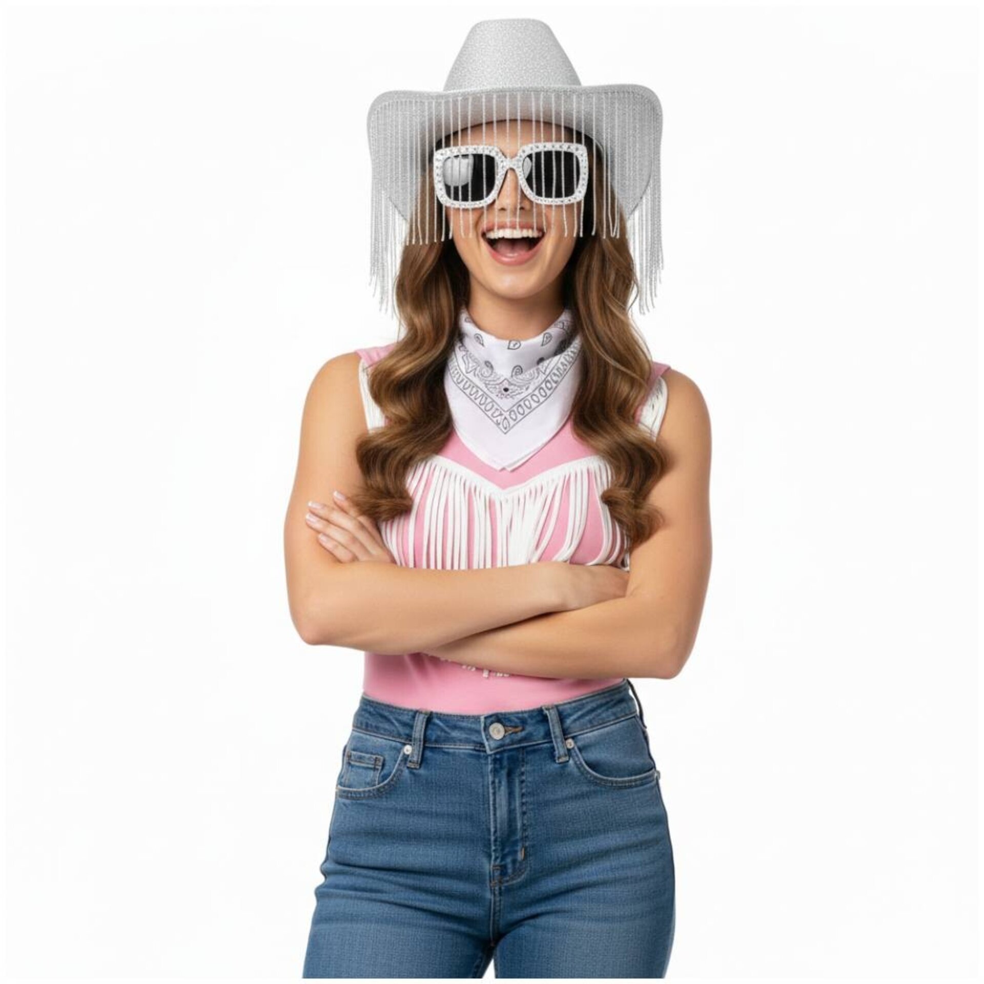 Pack Disfraz Vaquera Premium Adulto: Sombrero Cowgirl con Flecos de Lujo Blanco - 2