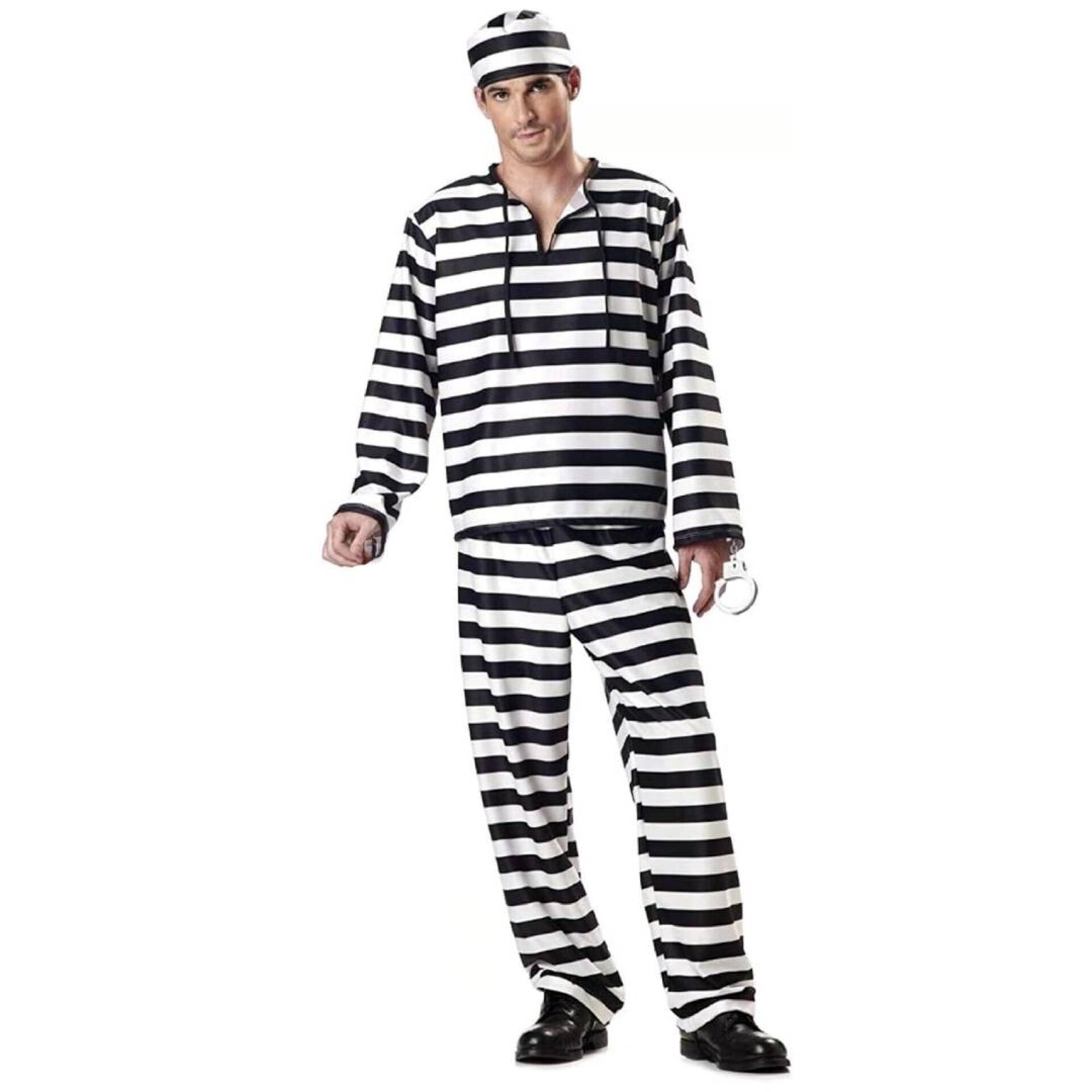 Disfraz Clásico Prisionero Adulto Preso | Rayas Blanco/Negro + Gorro y Esposas - 1