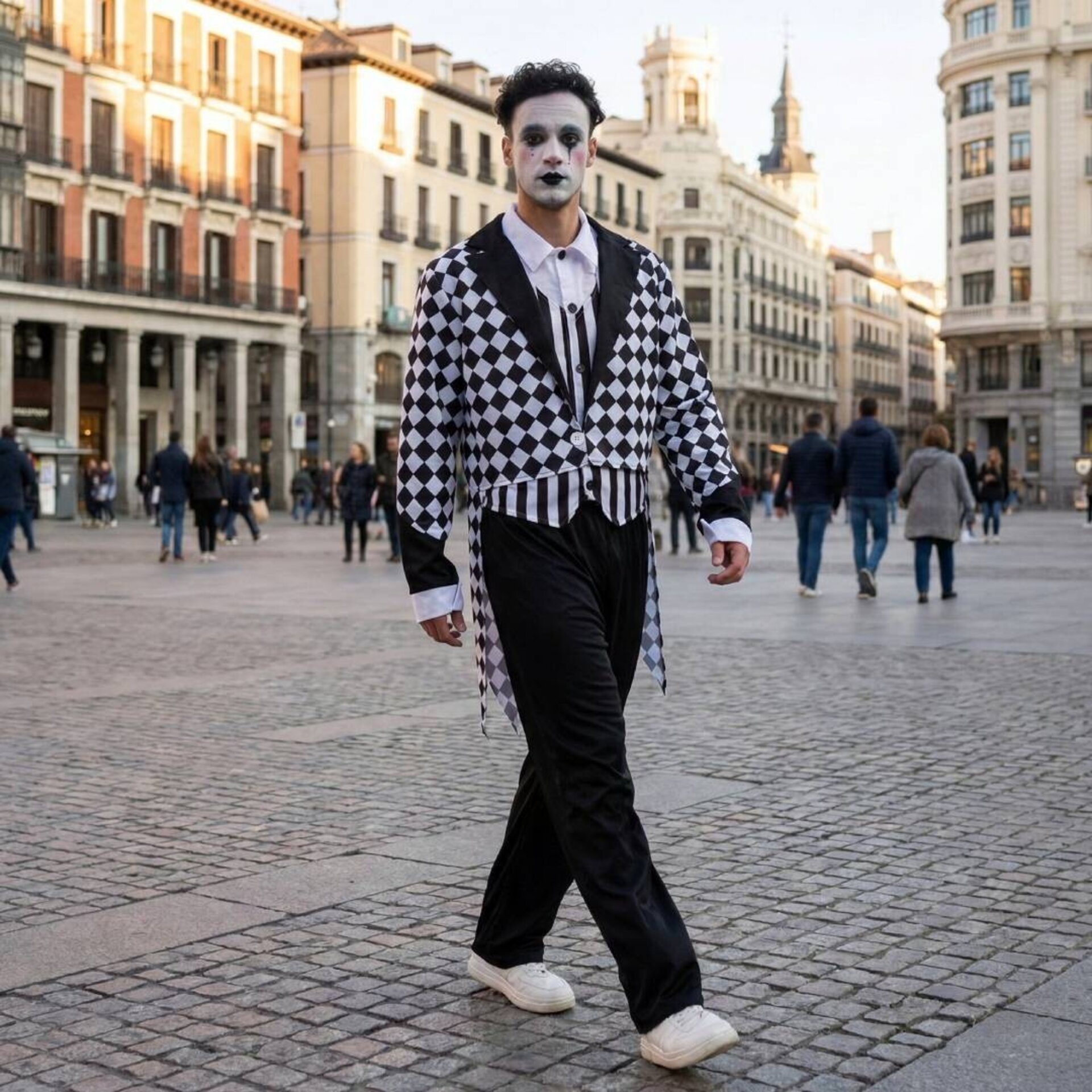 Disfraz Arlequín Hombre Adulto Talla S/M – Traje Payaso Blanco y Negro Rombos - 3