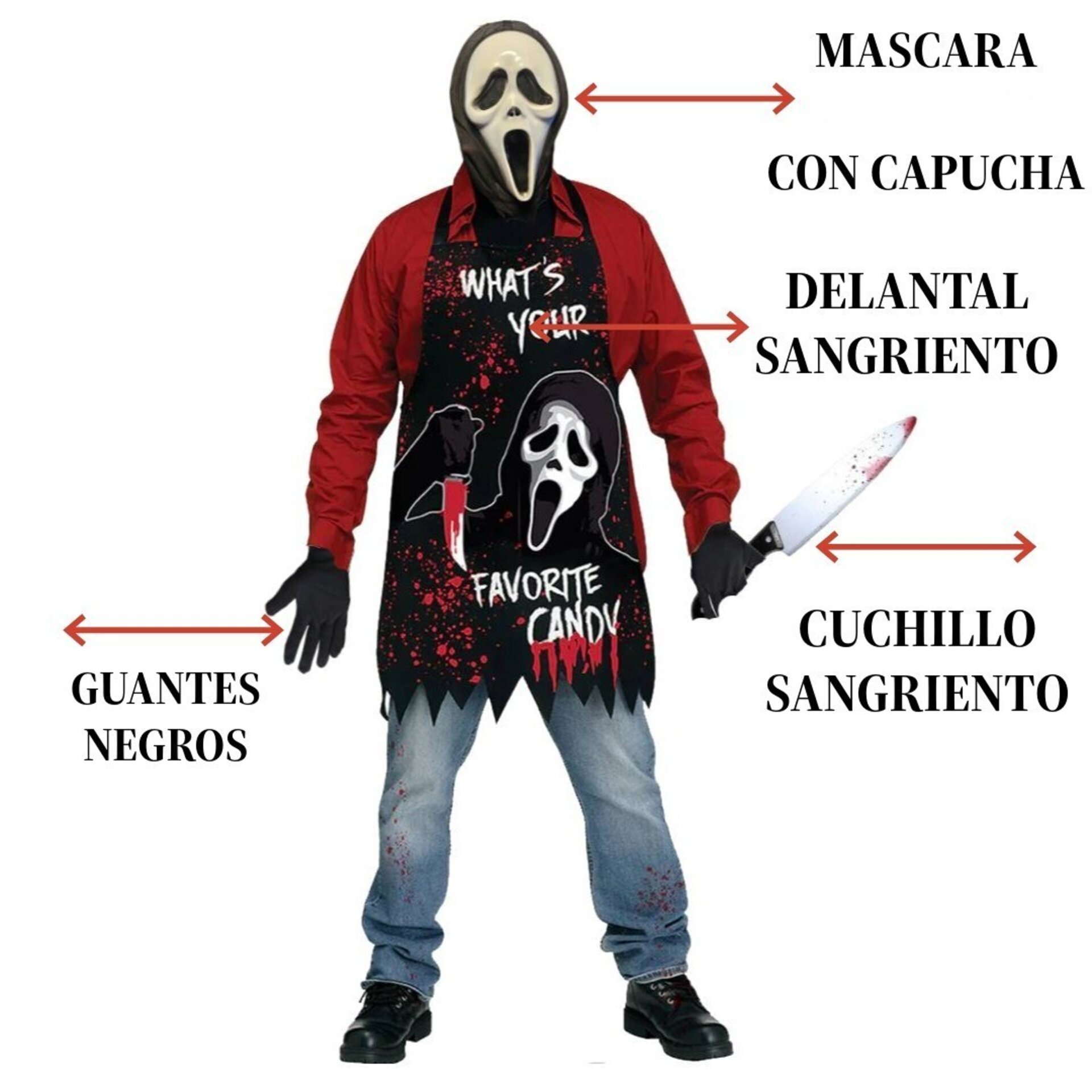Mascara Scream, Delantal, Cuchillo Sangriento y Guantes - Talla única Adulto - 7