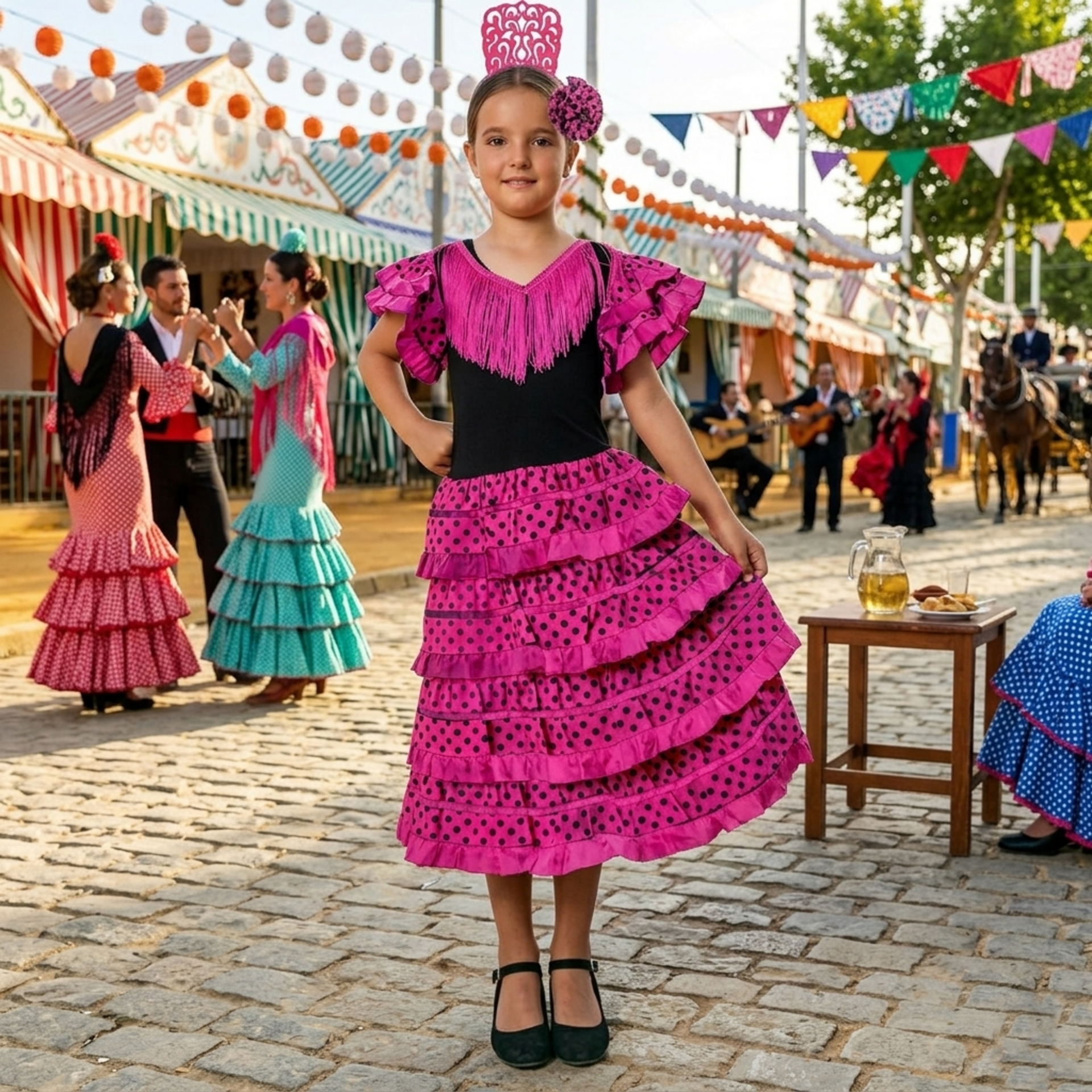 Vestido Flamenca Niña Fucsia y Negro - Traje de Sevillana con Flor y Peineta - 4