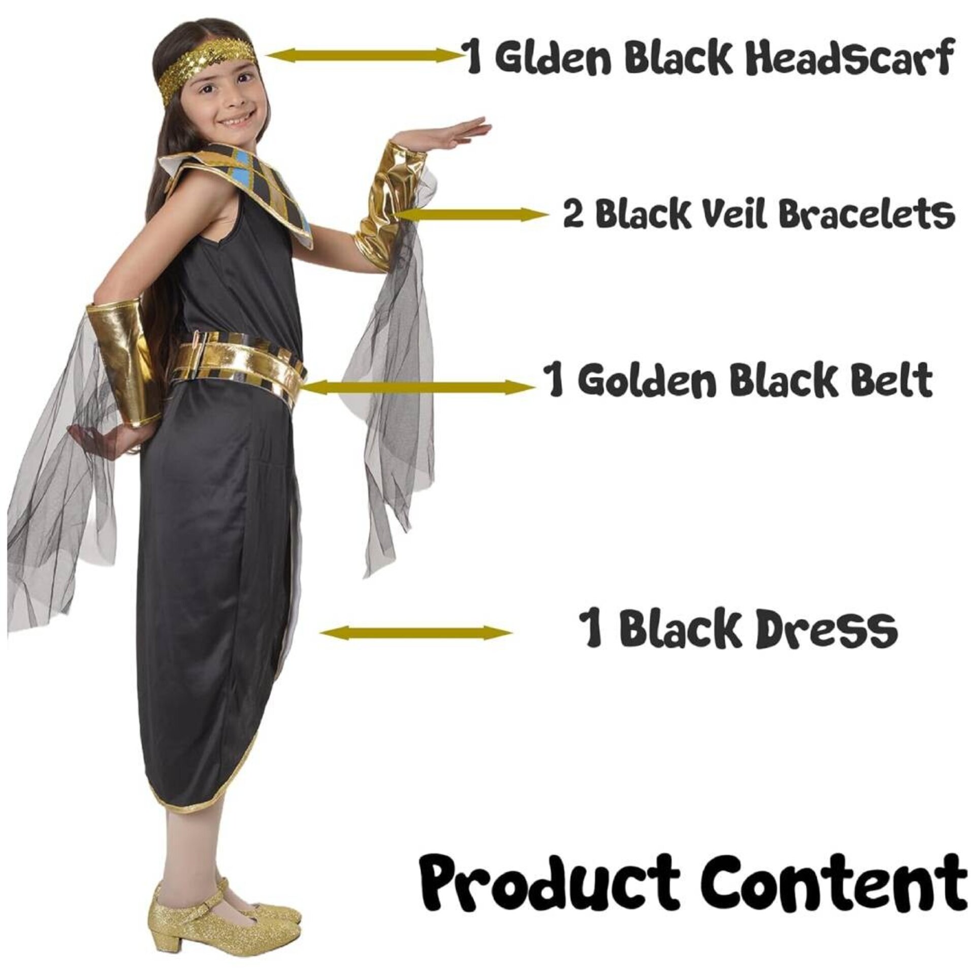 Disfraz de Egipcia Cleopatra para Niña. Vestido Negro con Accesorios Dorados. - 4