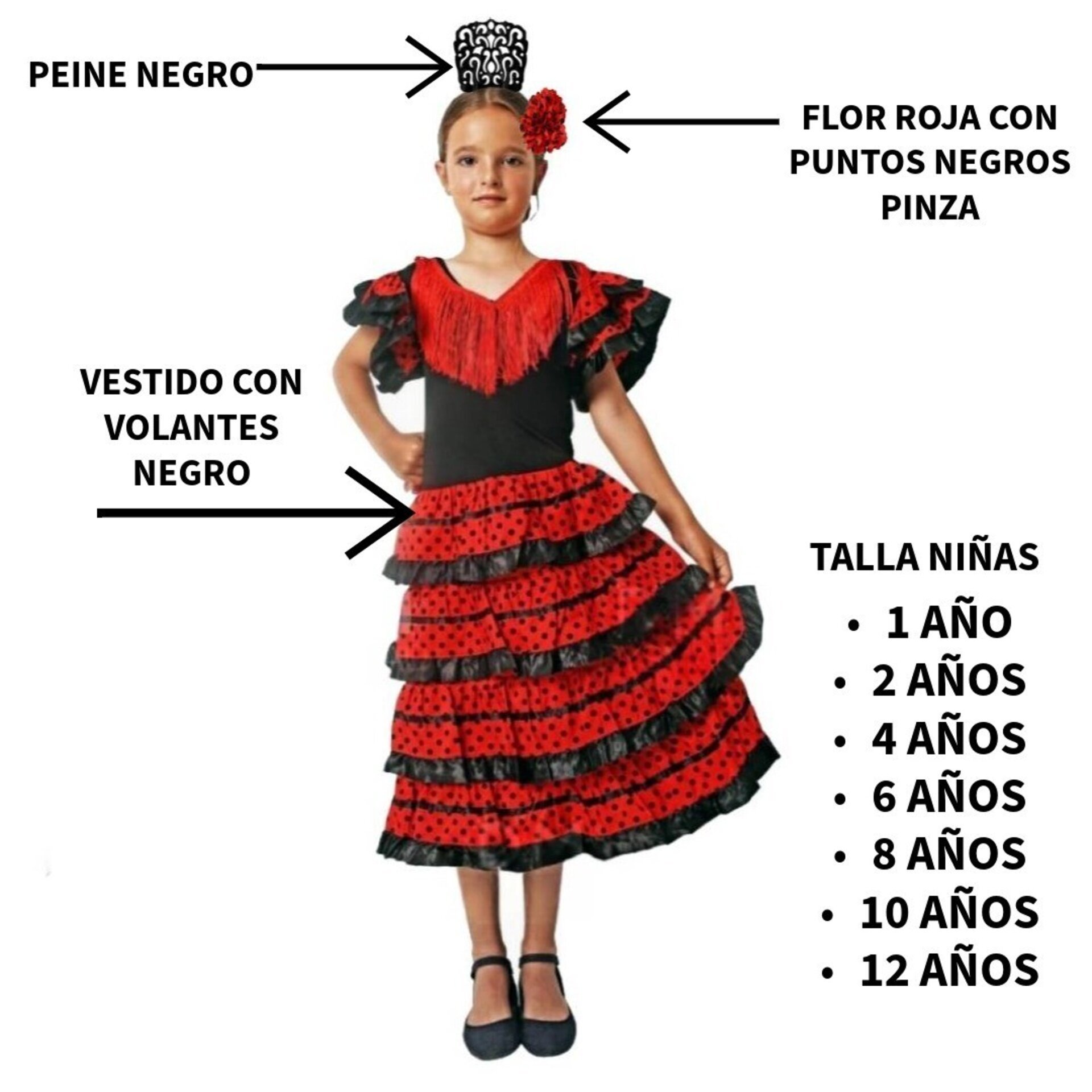 Disfraz Flamenca Niña Vestido Sevillana con Volantes y Lunares con Peine y Flor - 5