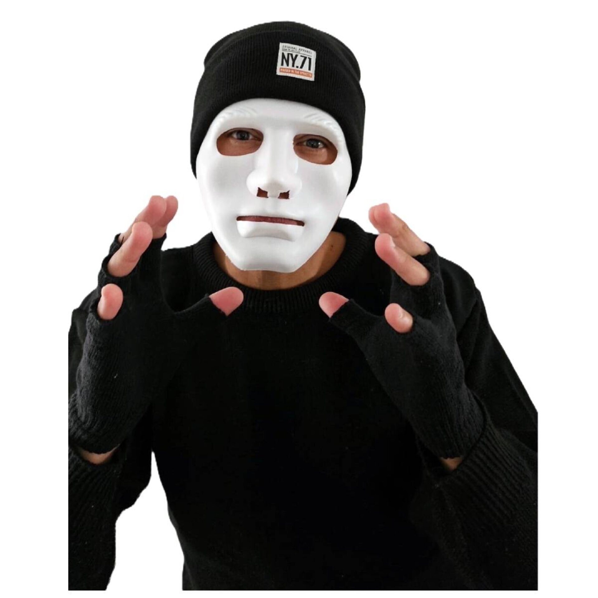 Set Disfraz Ladrón Hacker Hip Hop | Máscara Blanca, Gorro Negro, Guantes | - 1