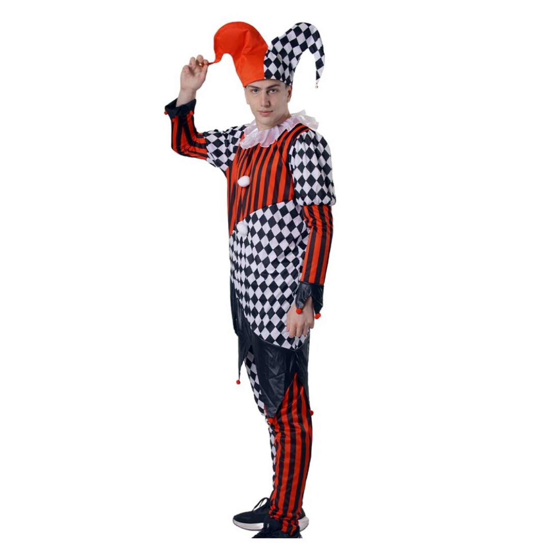 Disfraz Payaso Arlequín Circo Bufón Hombre Mono y Gorro Estampado Rombos - 1