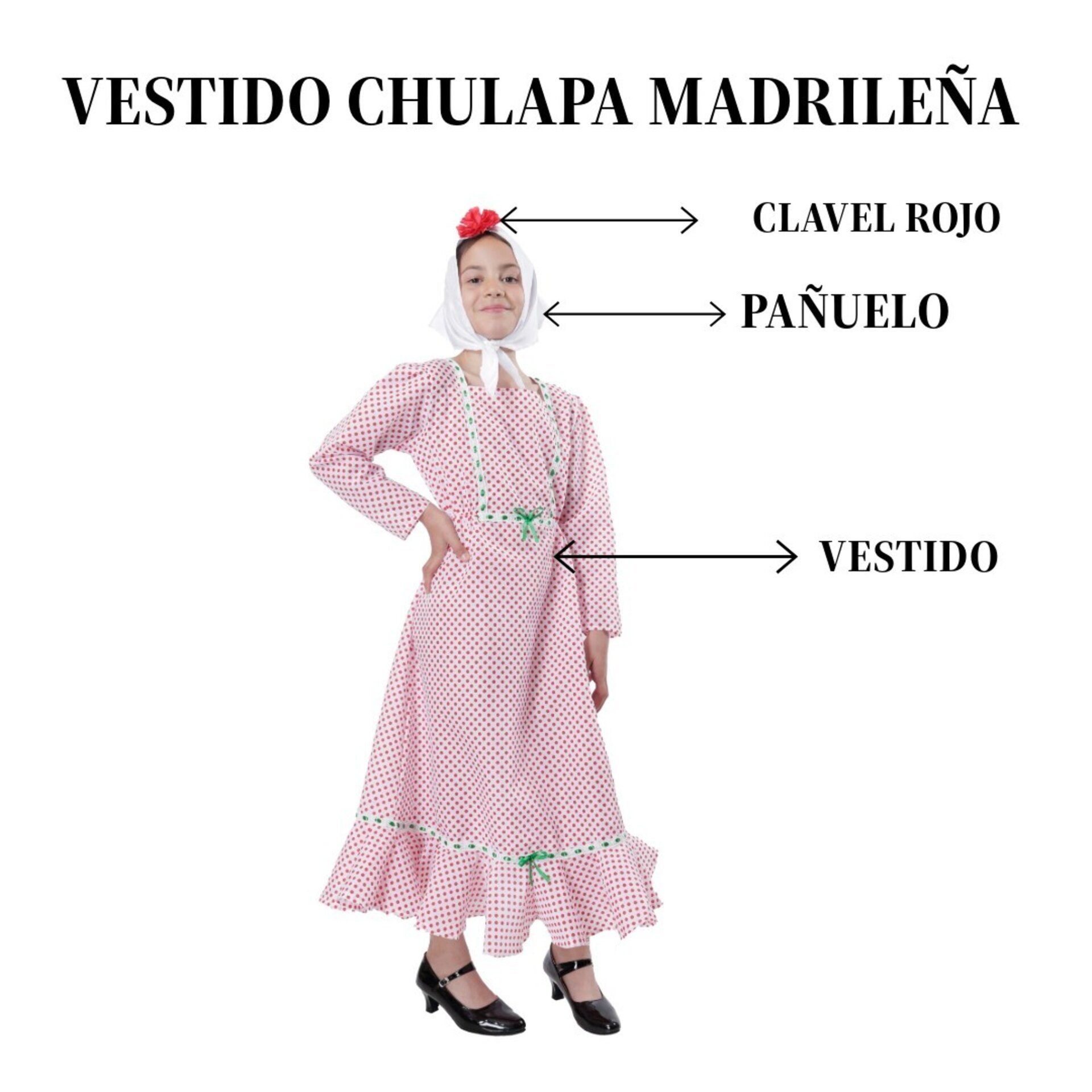Vestido Chulapa Disfraz Madrileña con Pañuelo, Flor roja San Isidro para niñas - 3