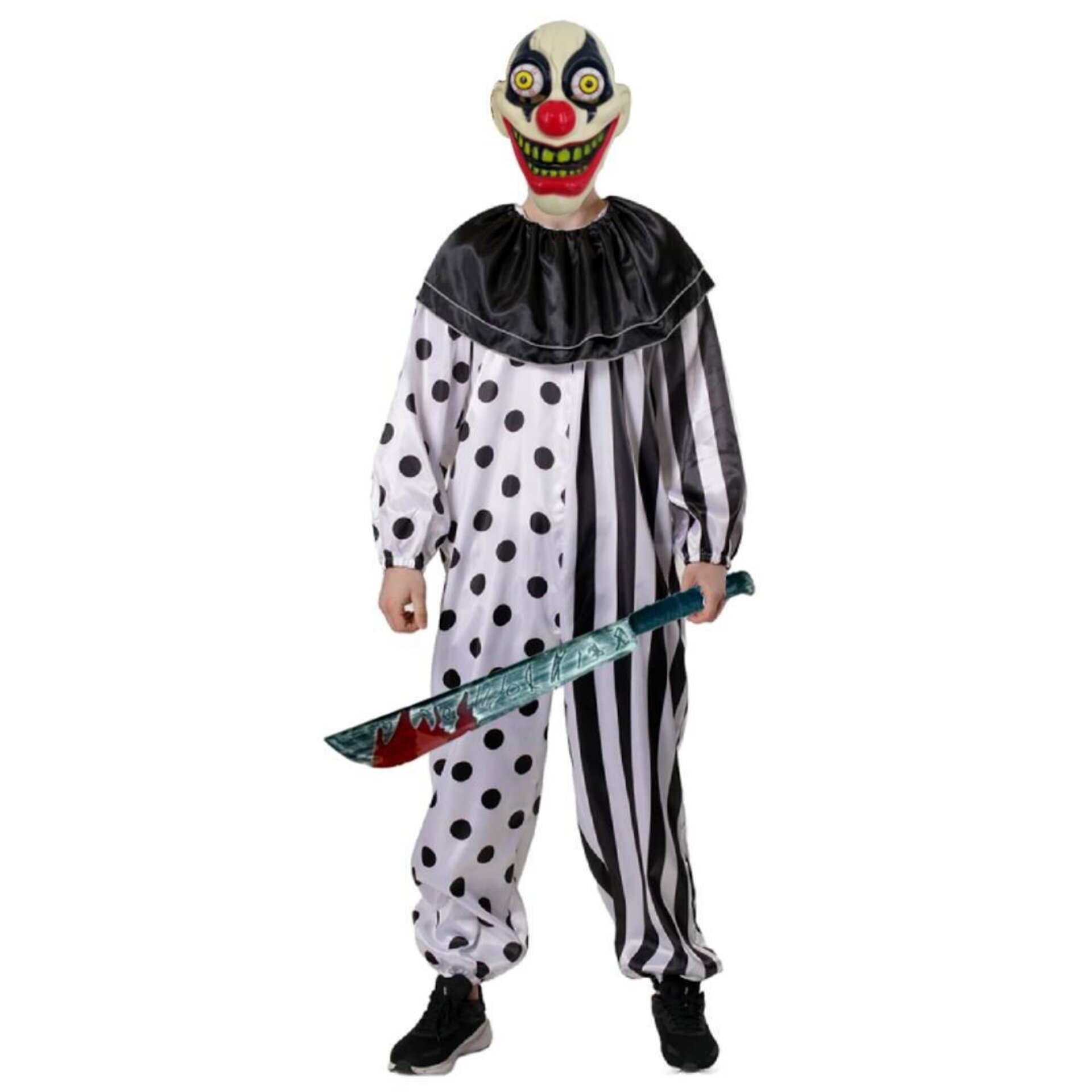 Disfraz Payaso del Terror. Máscara, Guantes, Machete Falso Sangriento y Mono. - 3