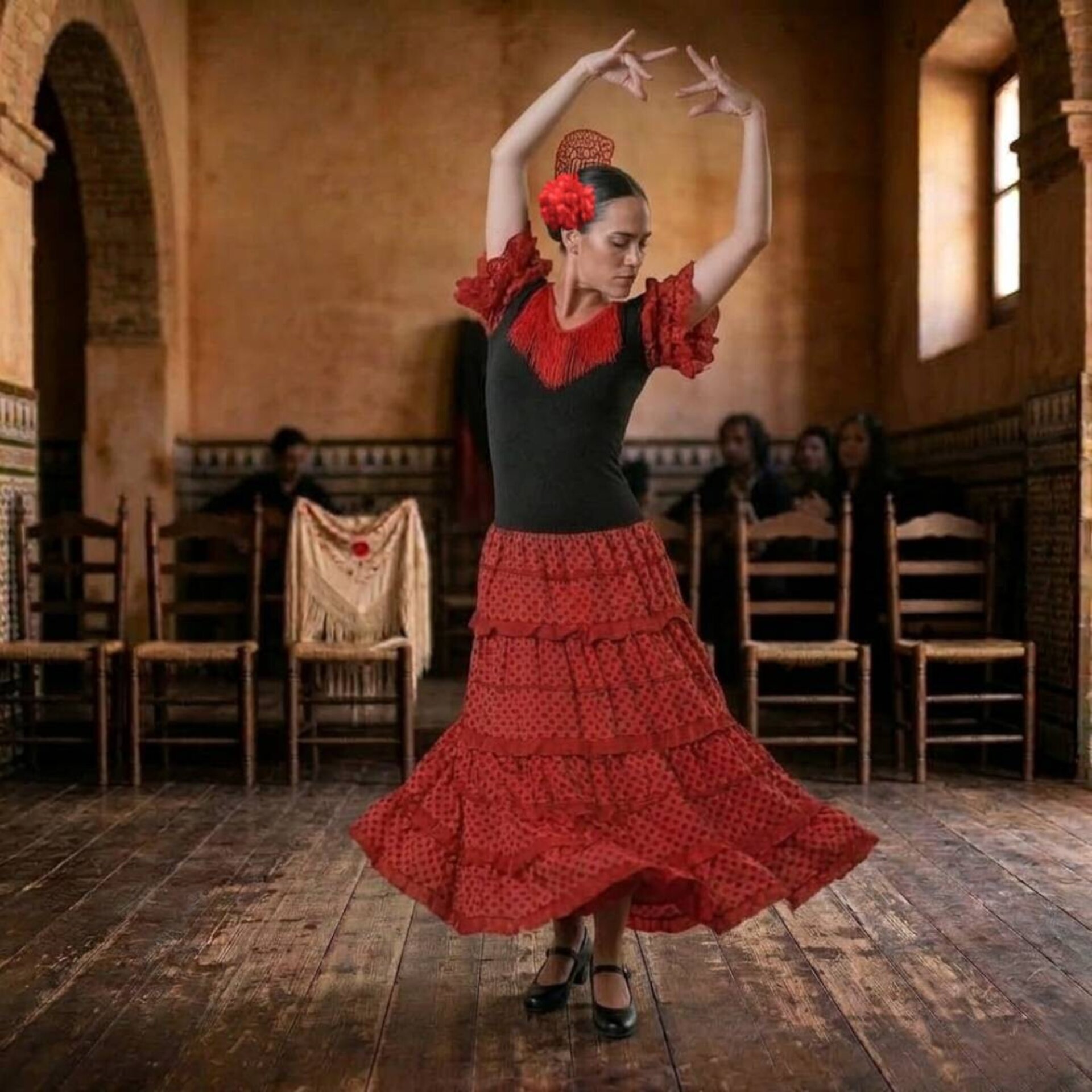 Vestido de Flamenca para Mujer Adulta con Peineta y Flor Roja - Traje de Sevilla - 7