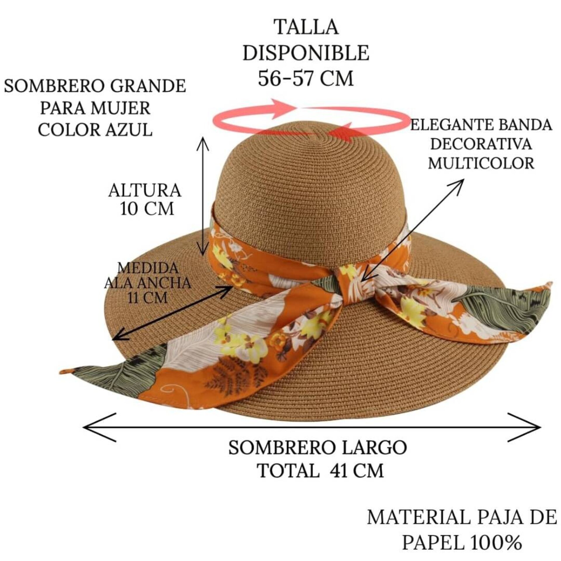Sombrero Paja de ala Ancha para Mujer,Visera Grande Transpirable, Pamela Marrón - 7