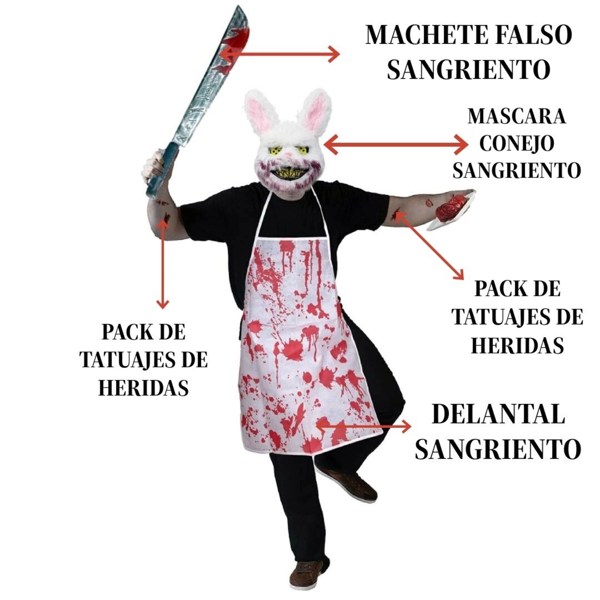 Disfraz Conejo Asesino Sangriento Adultos. Máscara, Machete, Delantal y Tatuajes - 8