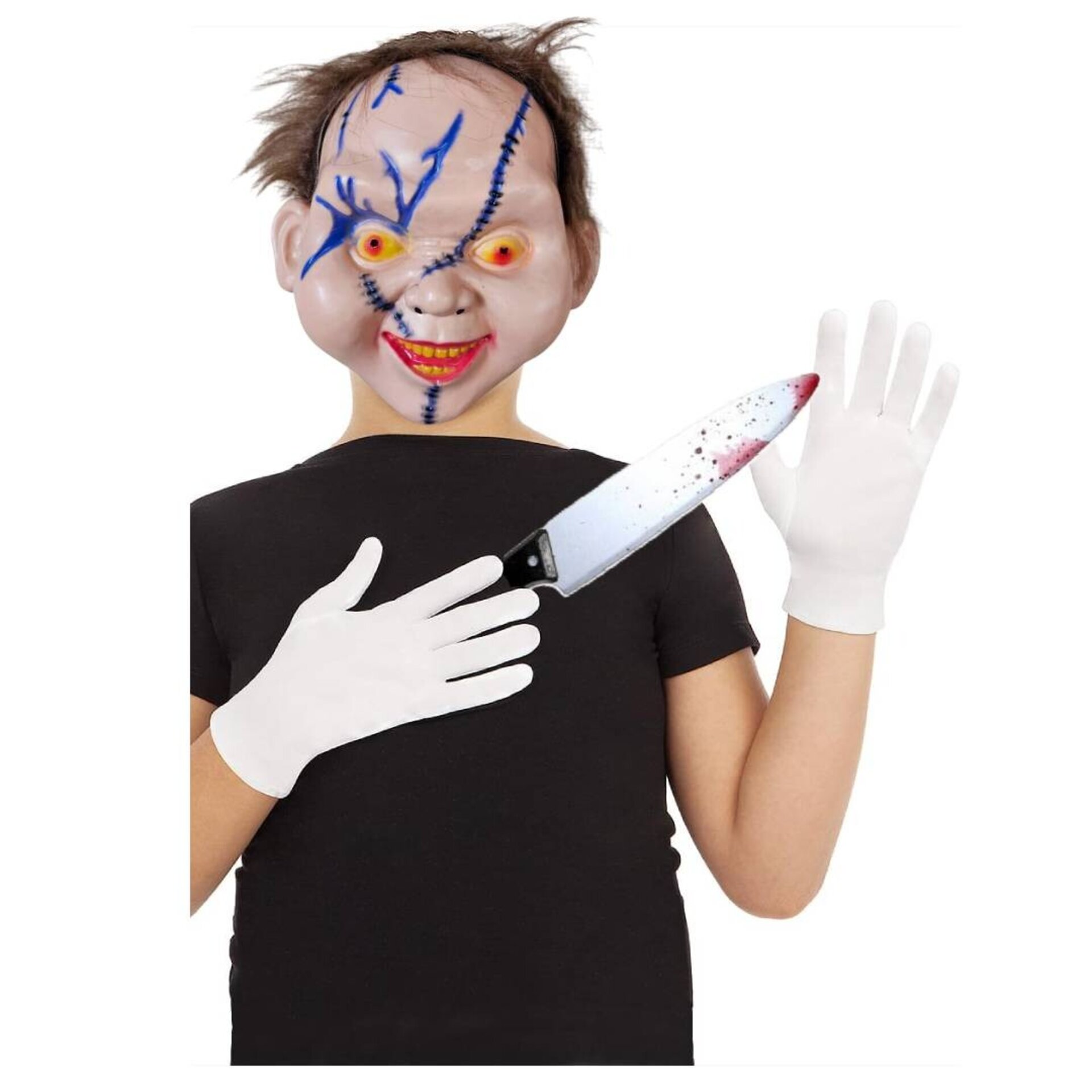 Kit Disfraz Chucky: Máscara, Cuchillo y Guantes. Ideal para Halloween Carnaval - 1