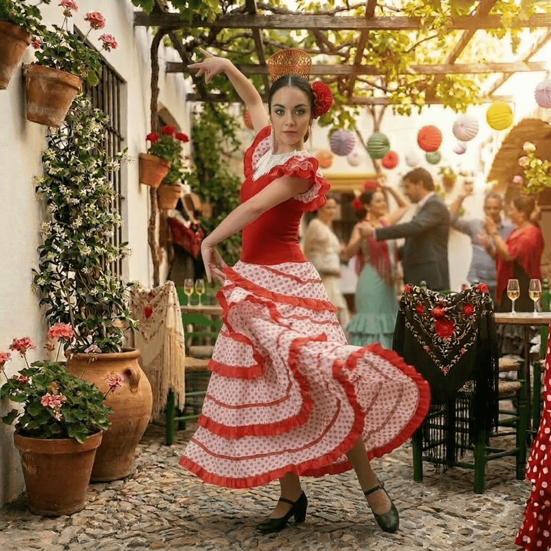 Vestido de Flamenca Mujer Traje Sevillana Rojo y Lunares con Flor y Peineta - 8