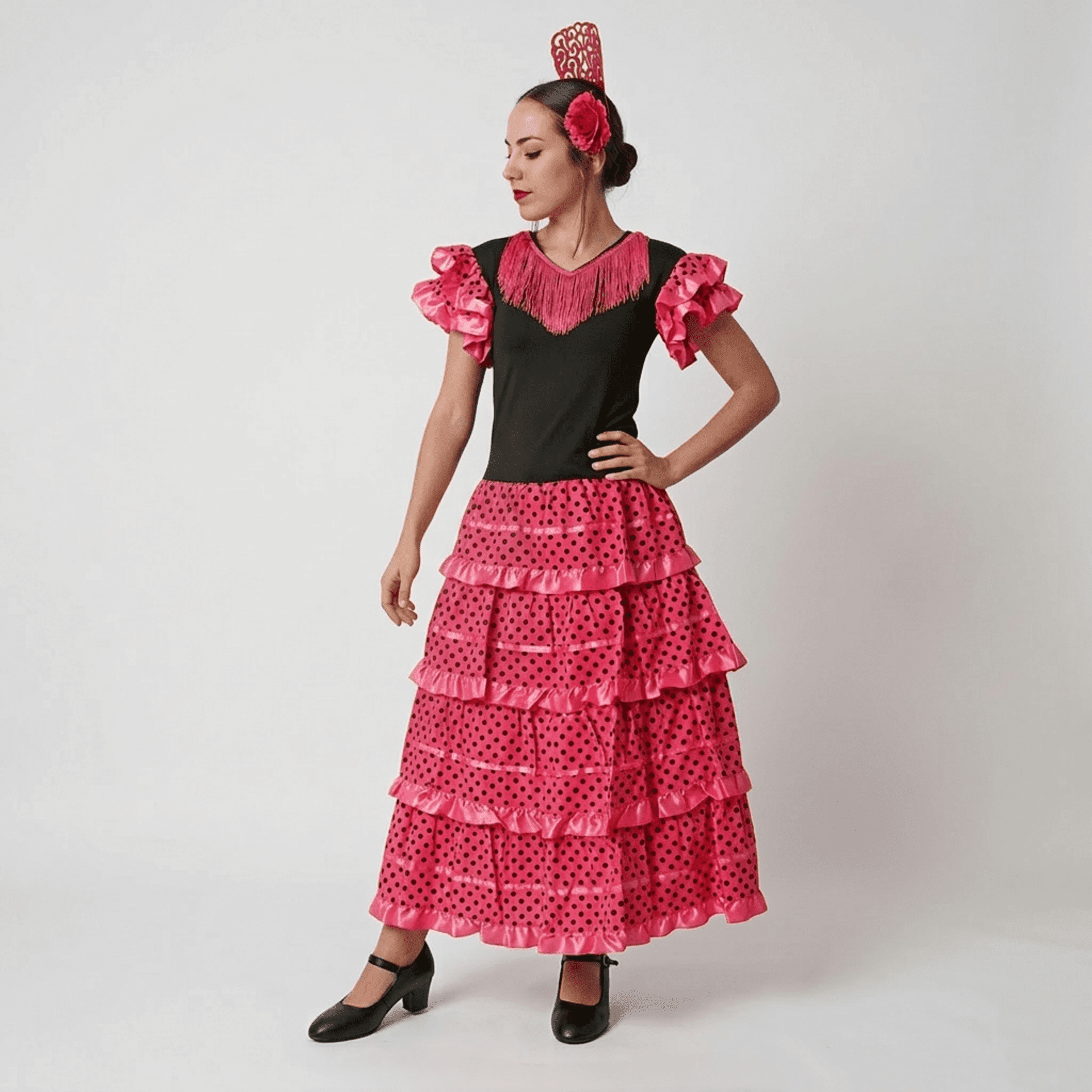 Disfraz de Flamenca Sevillana Mujer Negro y Fucsia con Lunares | Vestido Español - 4