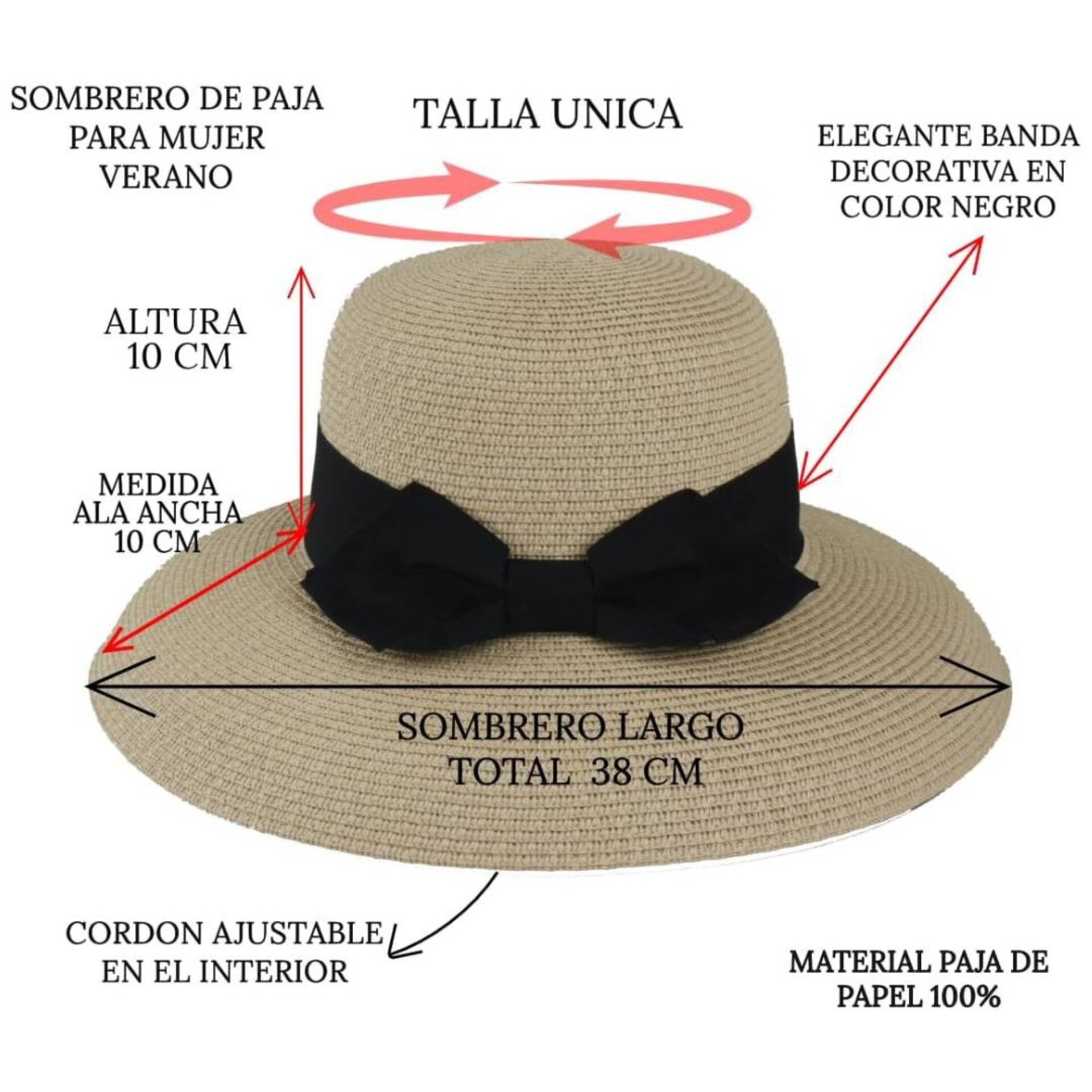 Sombrero Paja Mujer | Beige Cordón Ajustable | Fedora Casual Playa Viaje Fiesta - 6