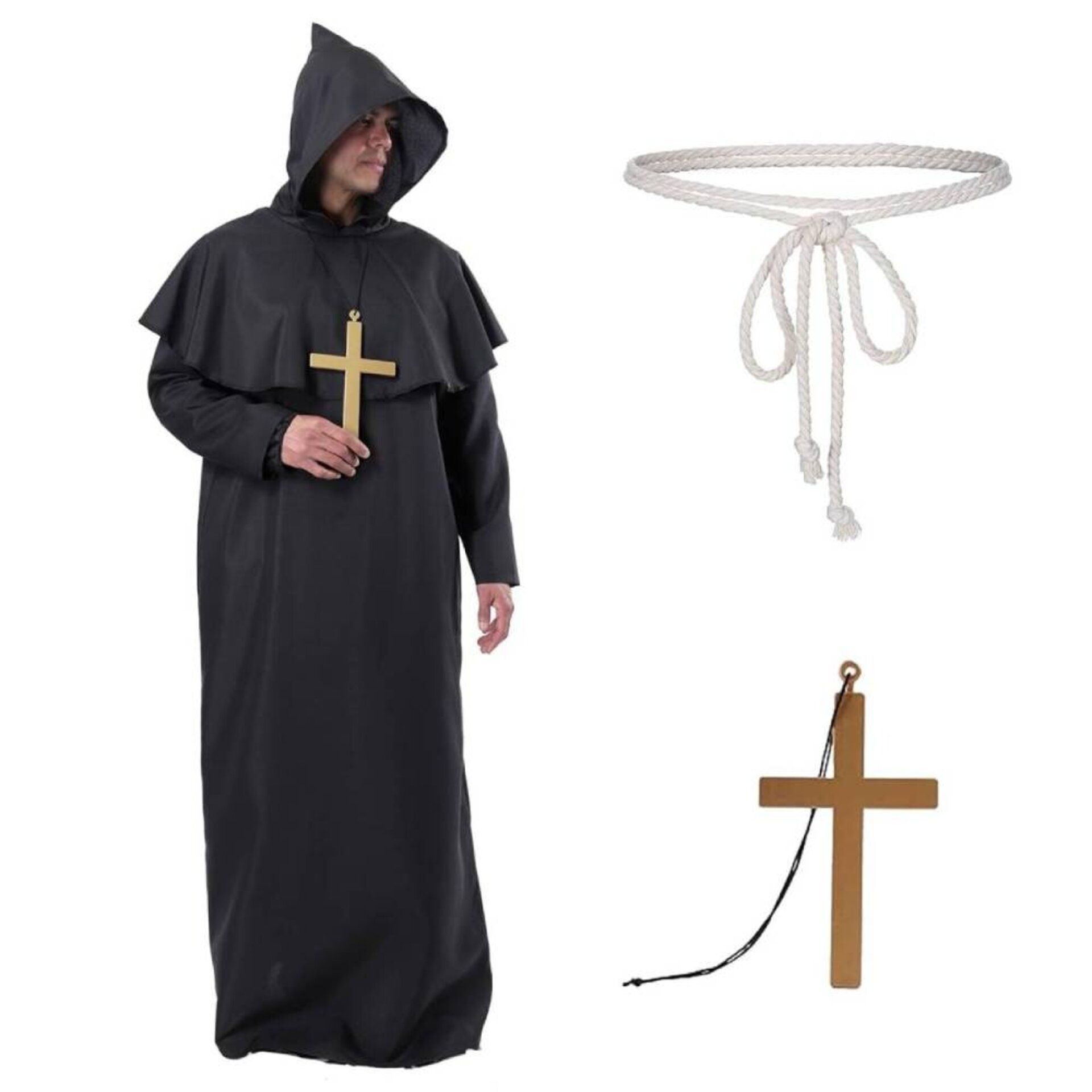 Disfraz Monje Negro Sacerdote Adulto | Túnica Medieval Encapuchada Cruz Cinturón - 1